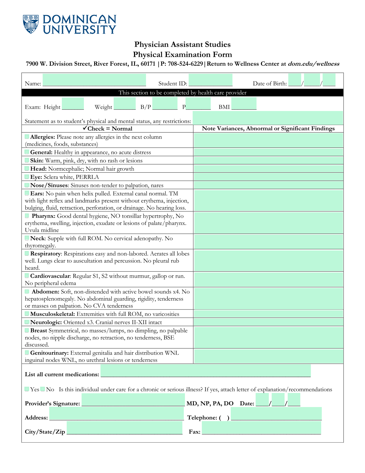 Physical Examination Form screenshot
