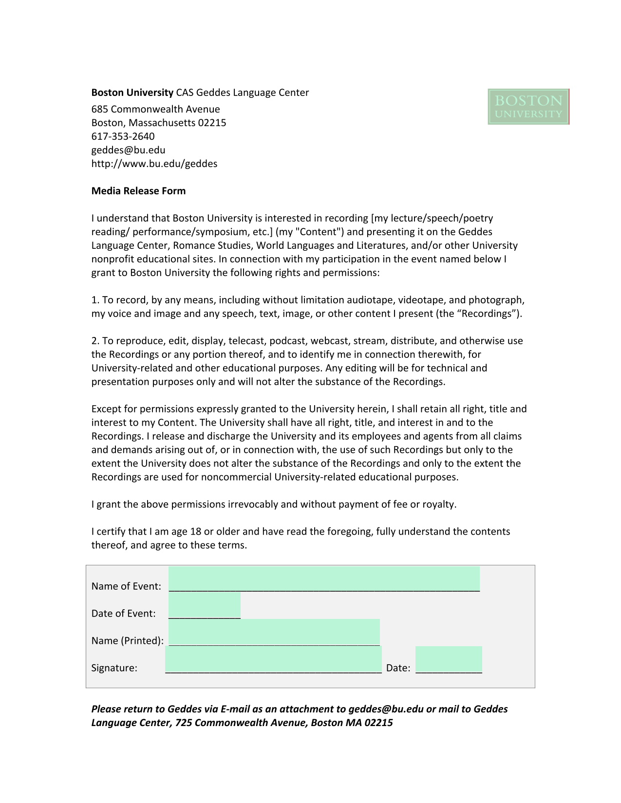 Media Release Form screenshot