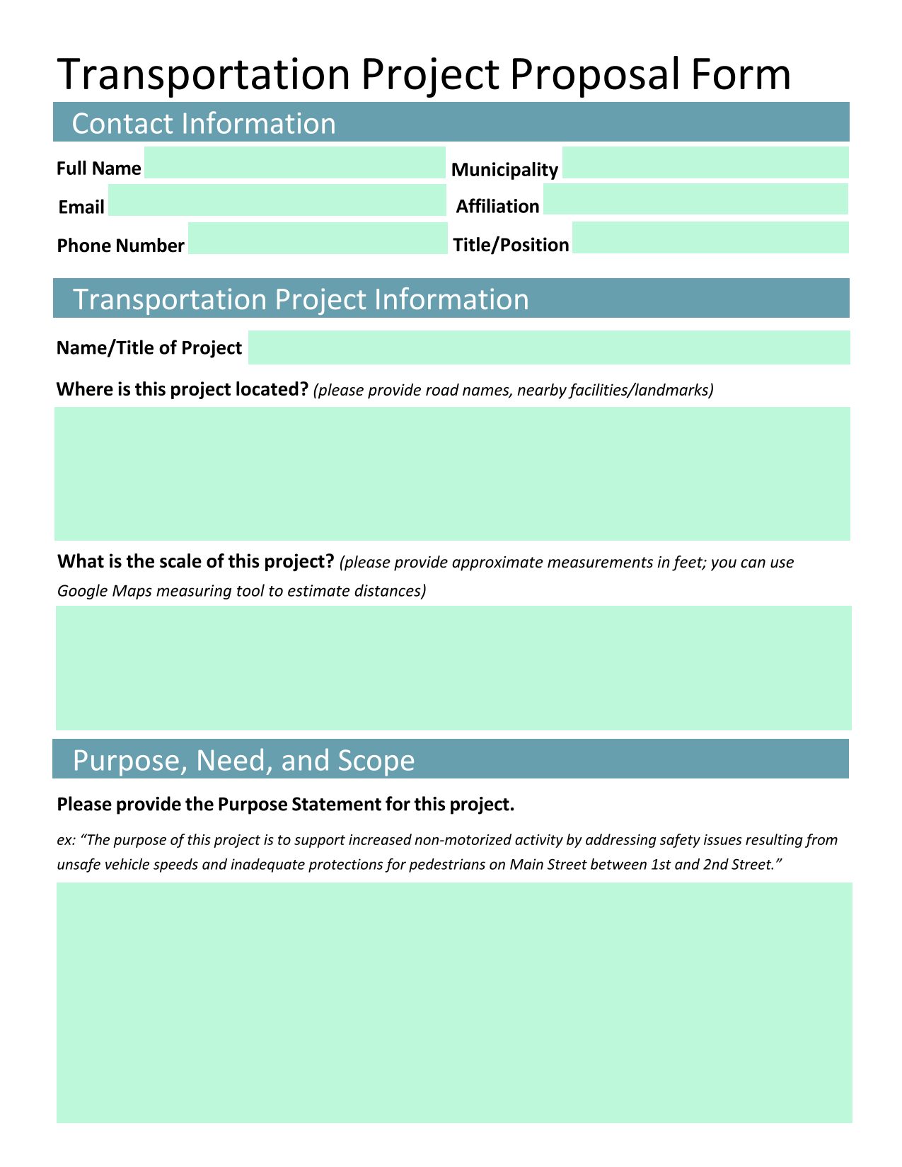 Transportation Project Proposal Form screenshot