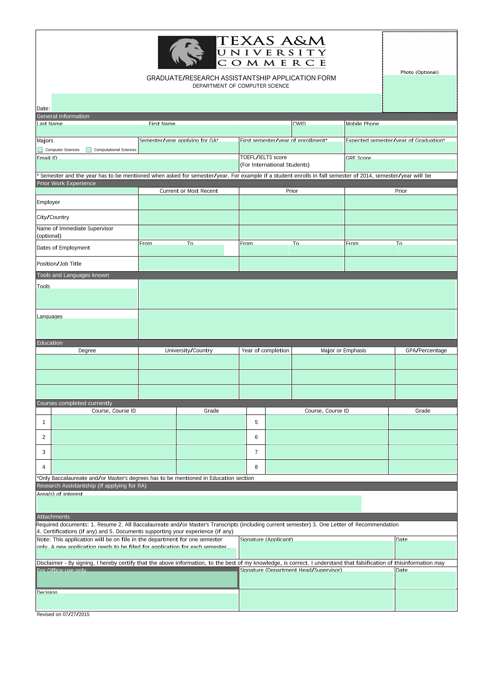GraduateResearch Assistantship Application Form screenshot
