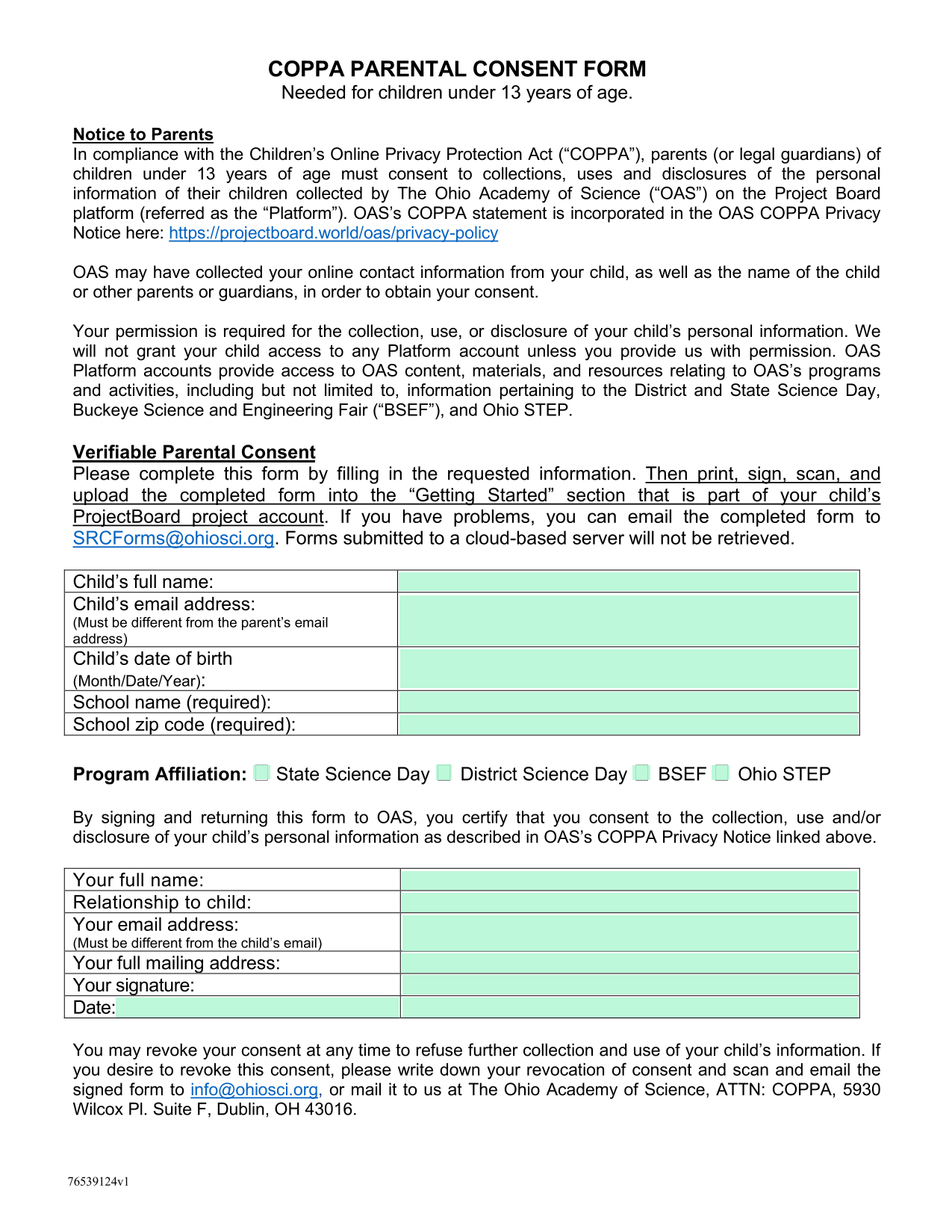 COPPA Parental Consent Form screenshot