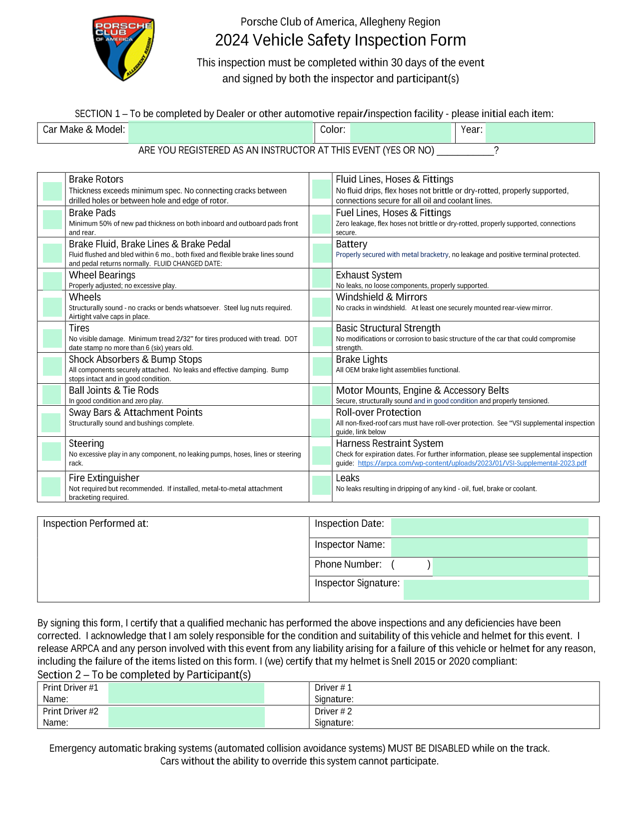 Vehicle Inspection Form screenshot