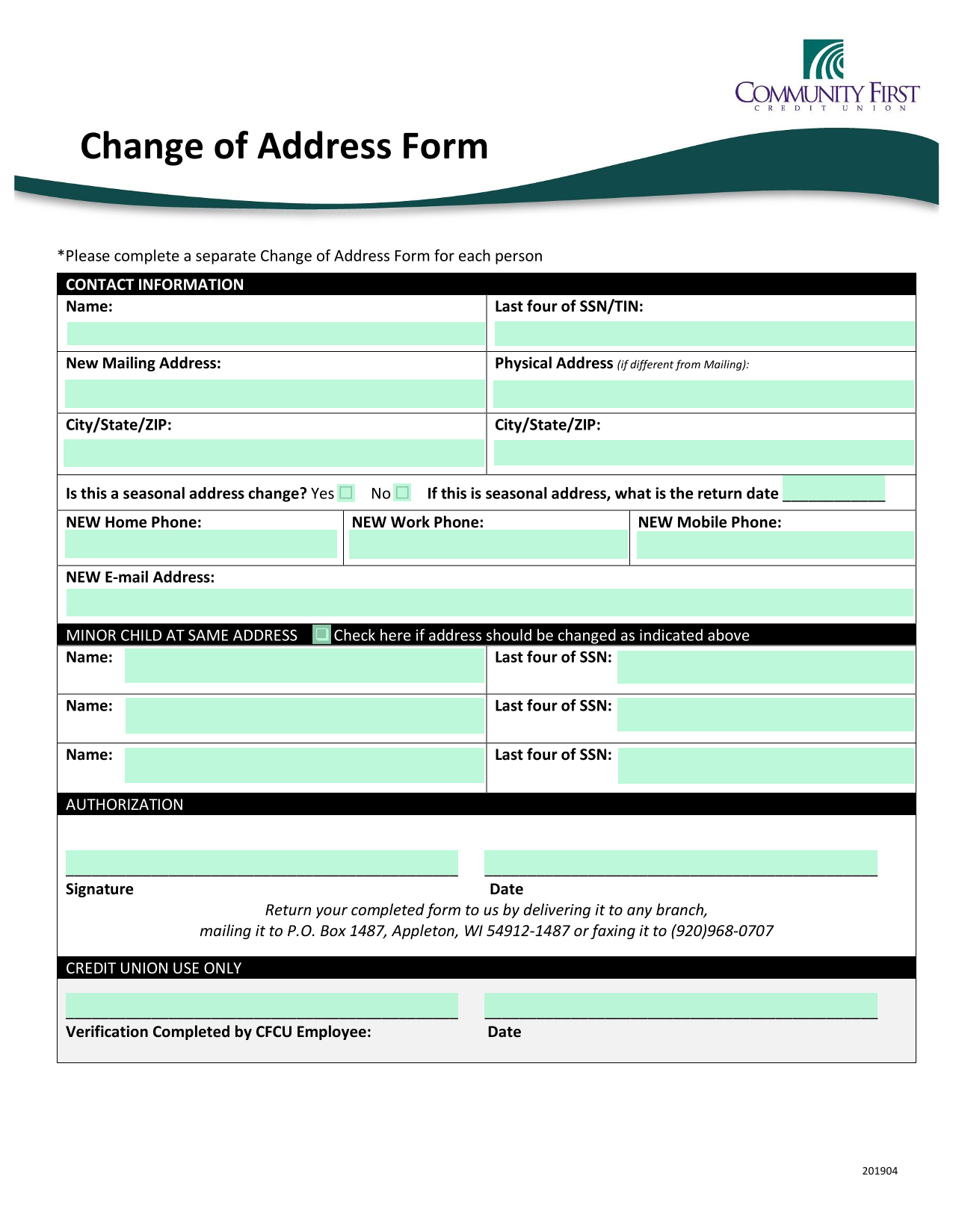 Change Of Address Form screenshot