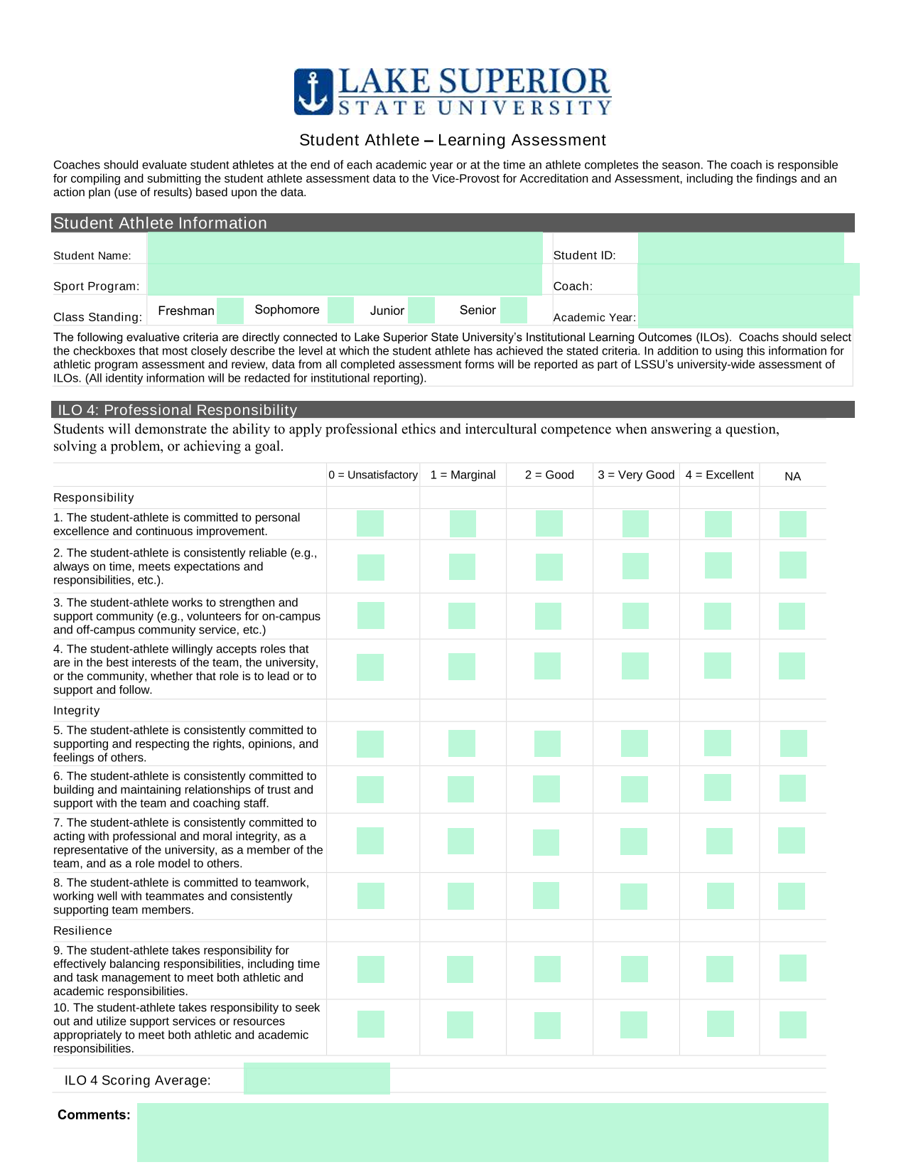 Student Athlete  Learning Assessment screenshot