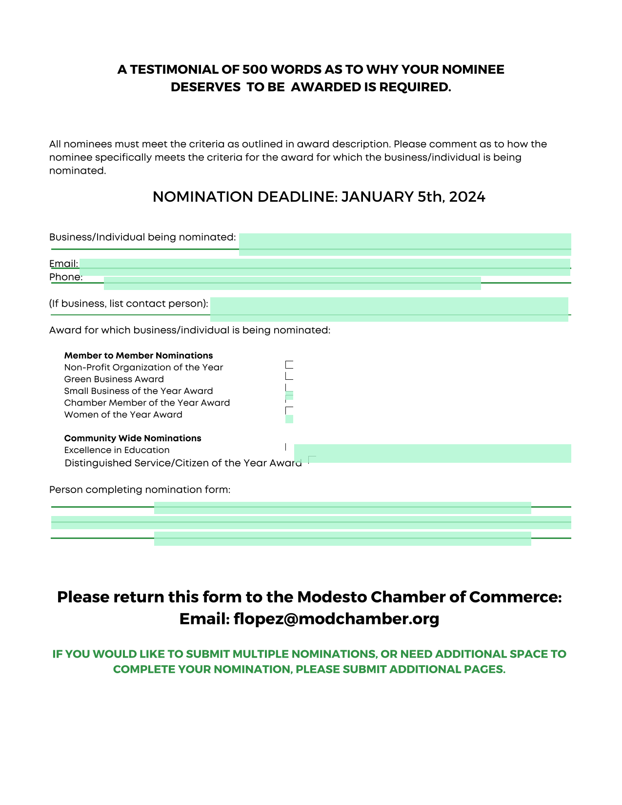 Award Nomination Form screenshot