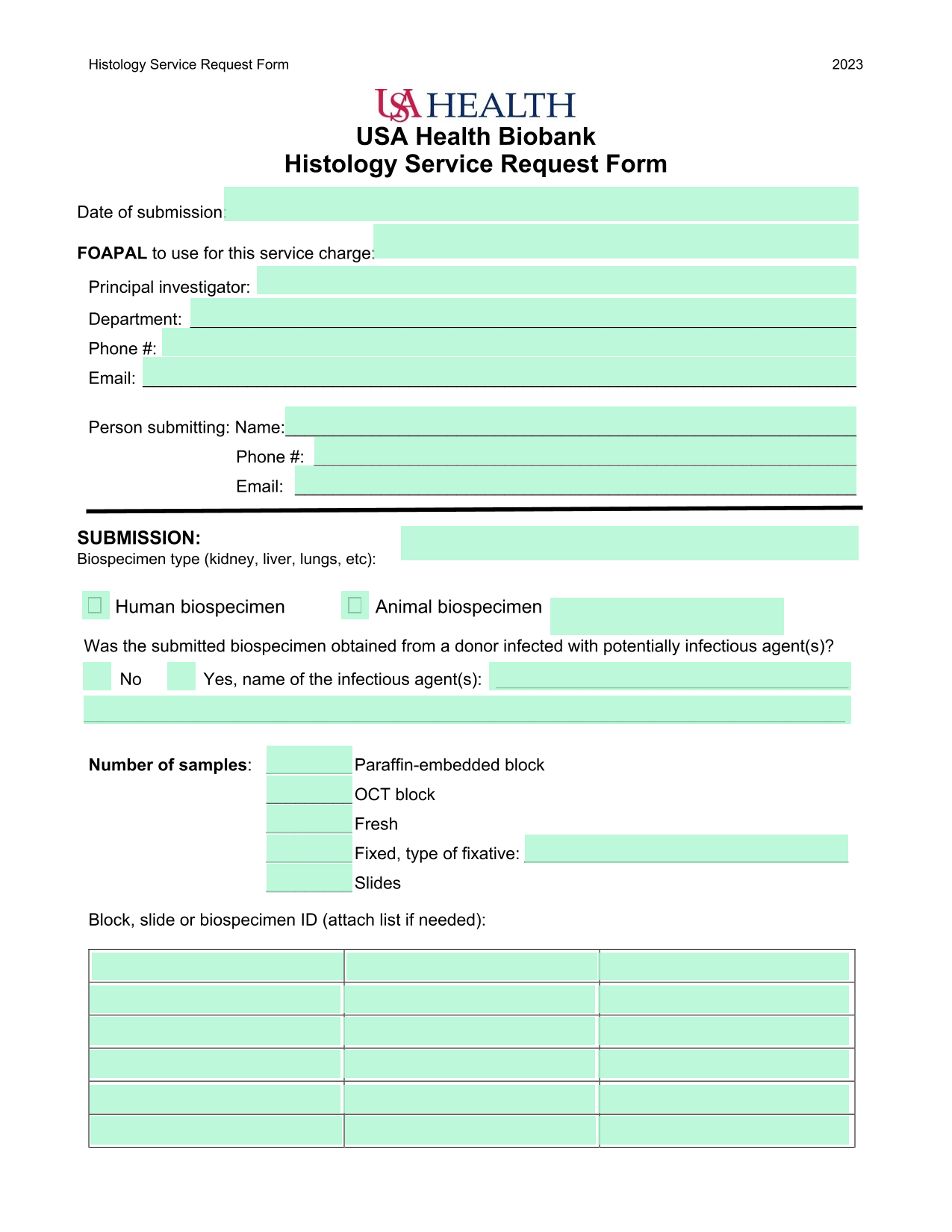 Histology Service Request Form screenshot