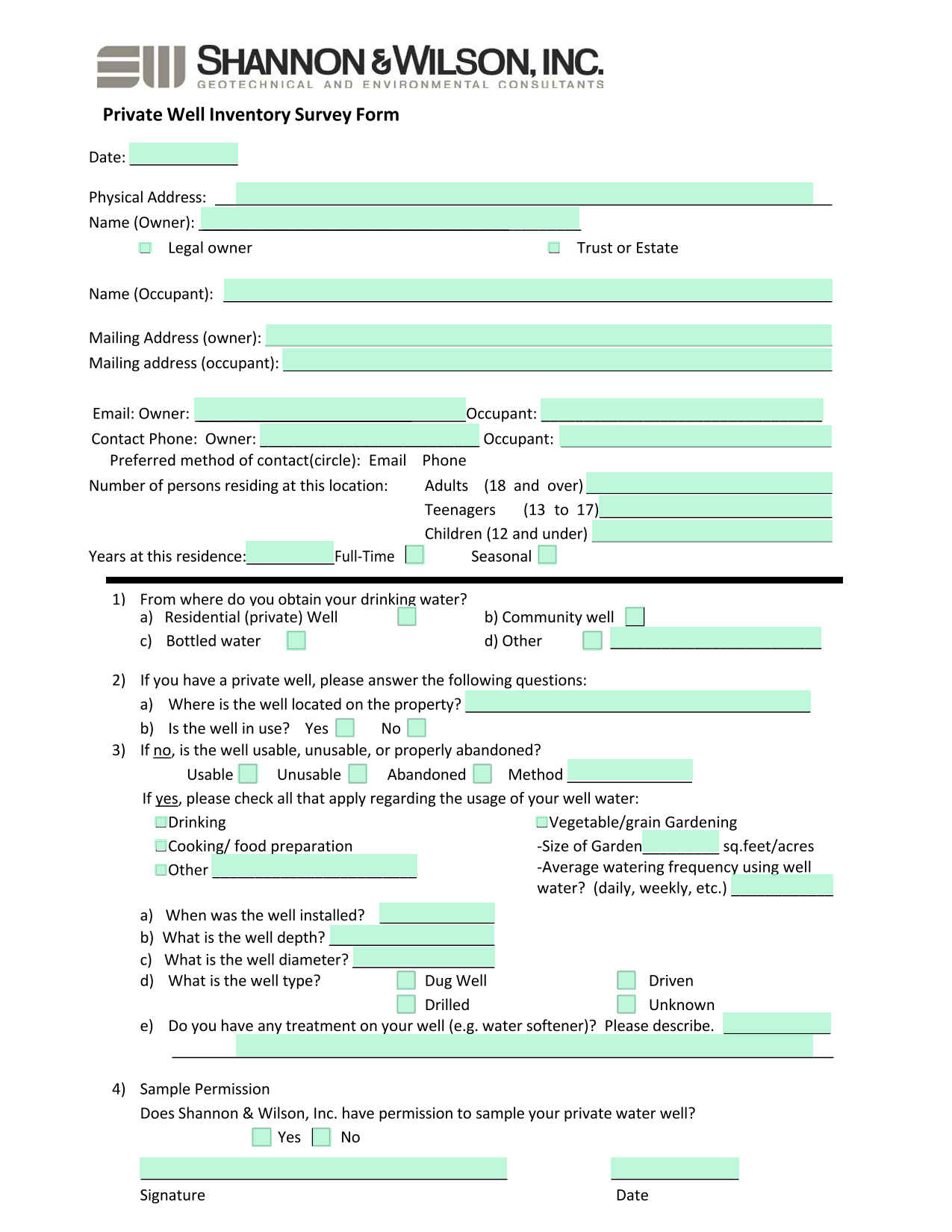 Private Well Inventory Survey Form screenshot