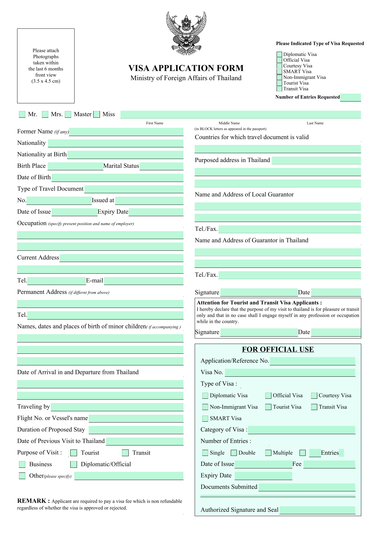 VISA APPLICATION FORM screenshot