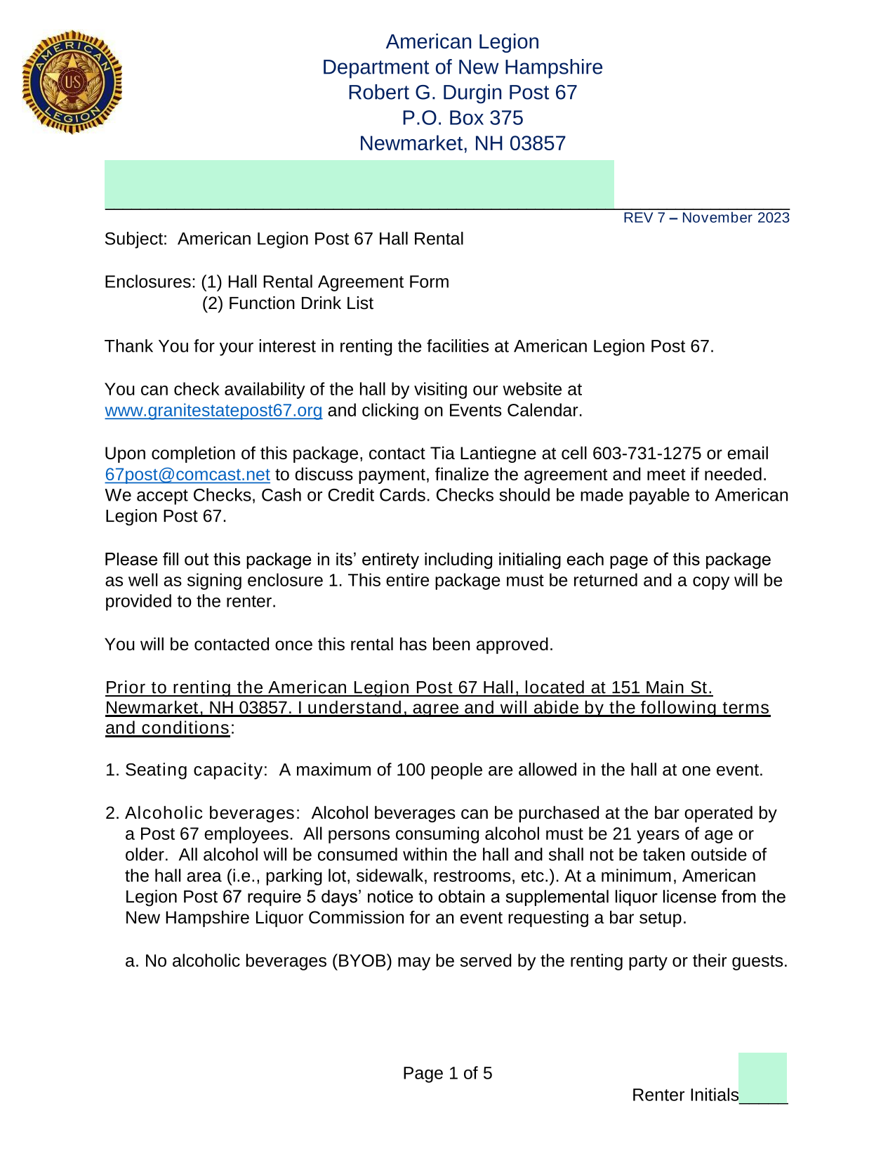 Hall Rental Agreement screenshot