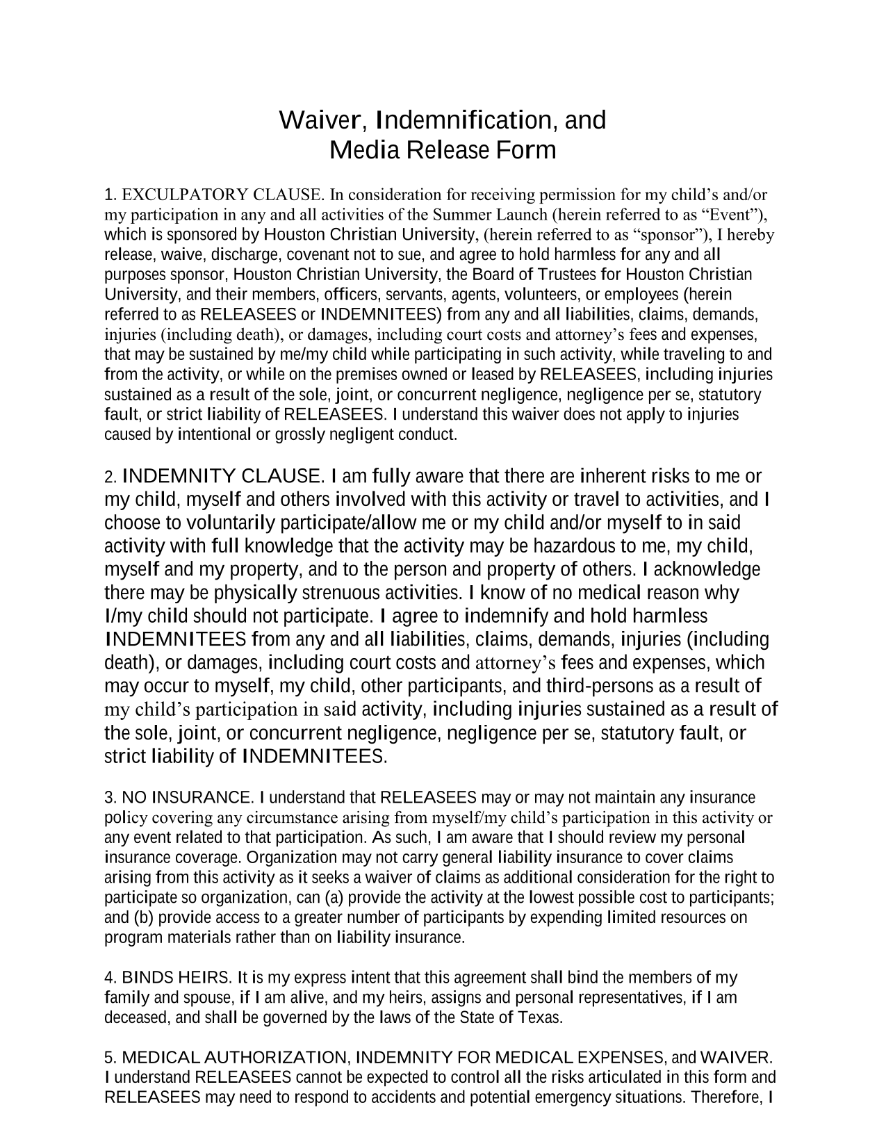 Waiver, Indemnification, And Media Release Form screenshot
