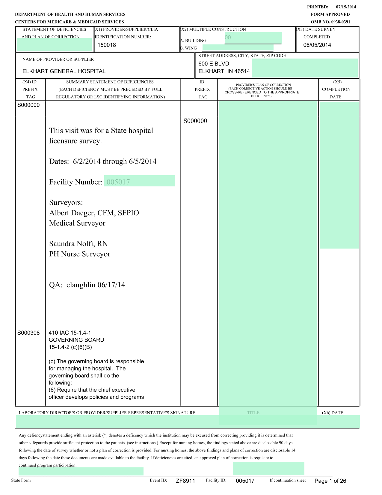 Statement Of Deficiencies And Plan Of Correction screenshot