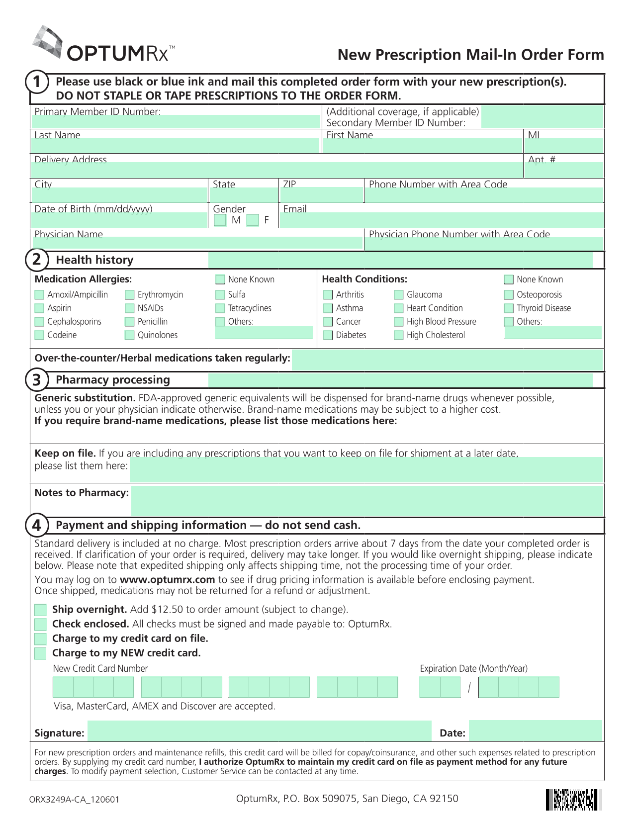 New Prescription Mail In Order Form screenshot