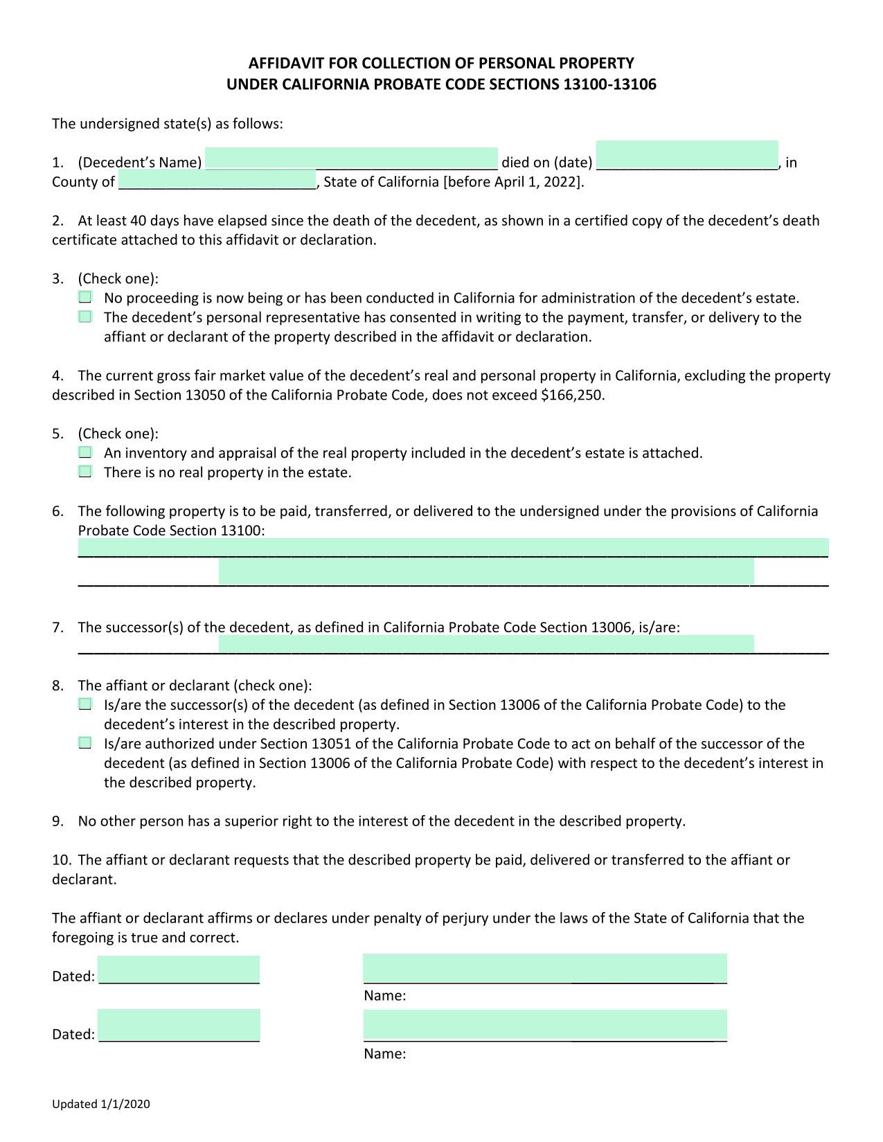 AFFIDAVIT FOR COLLECTION OF PERSONAL PROPERTY UNDER CALIFORNIA PROBATE CODE SECTIONS 13100 13106 screenshot