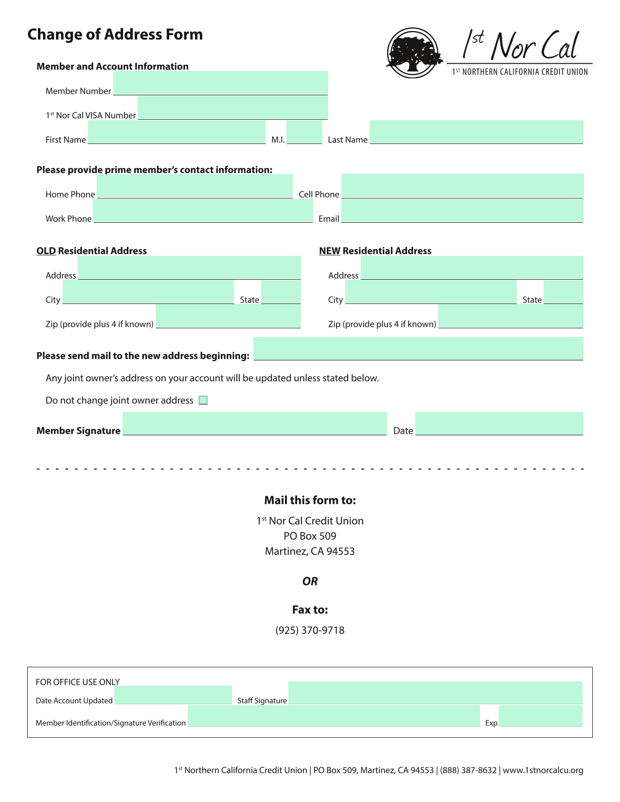 Change Of Address Form screenshot