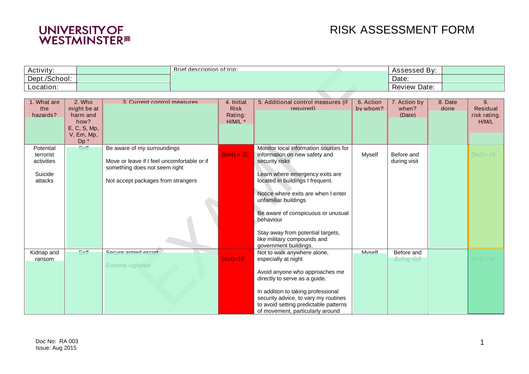 Risk Assessment Form screenshot
