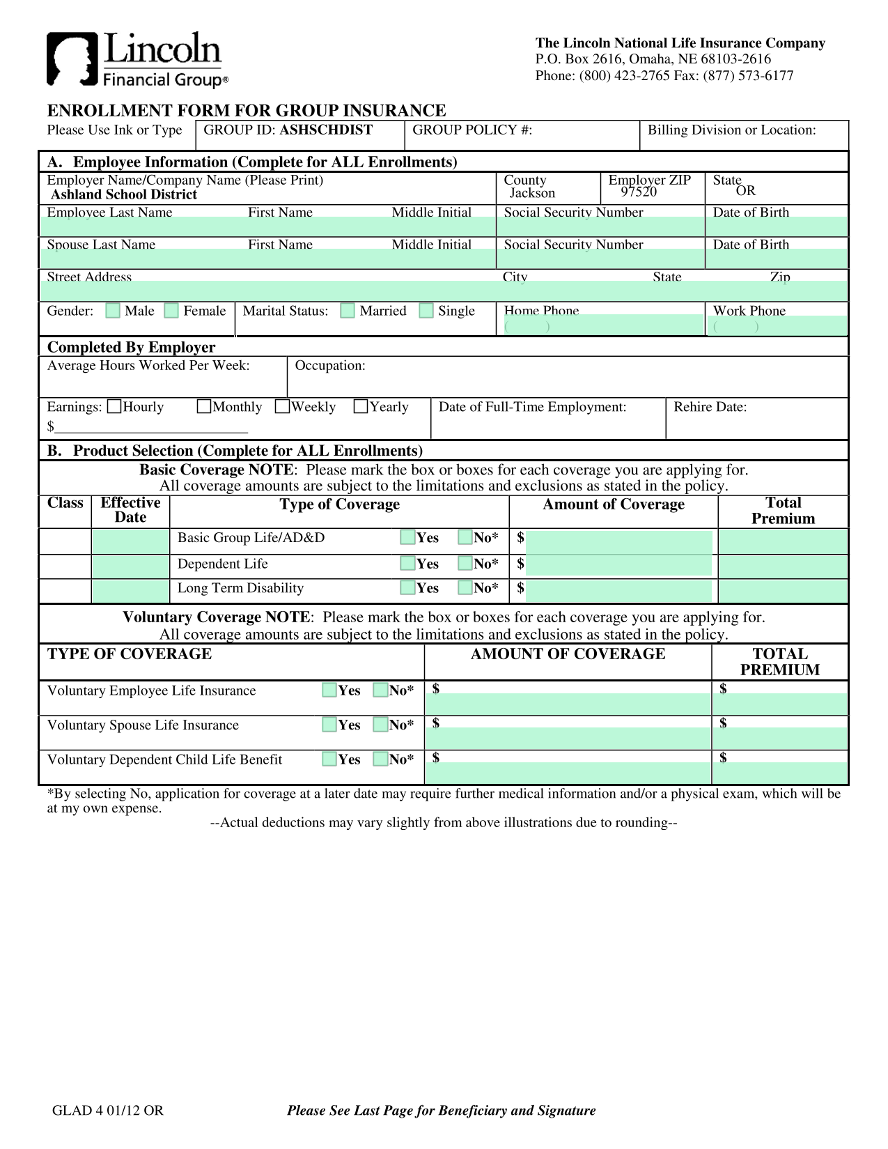 ENROLLMENT FORM FOR GROUP INSURANCE screenshot