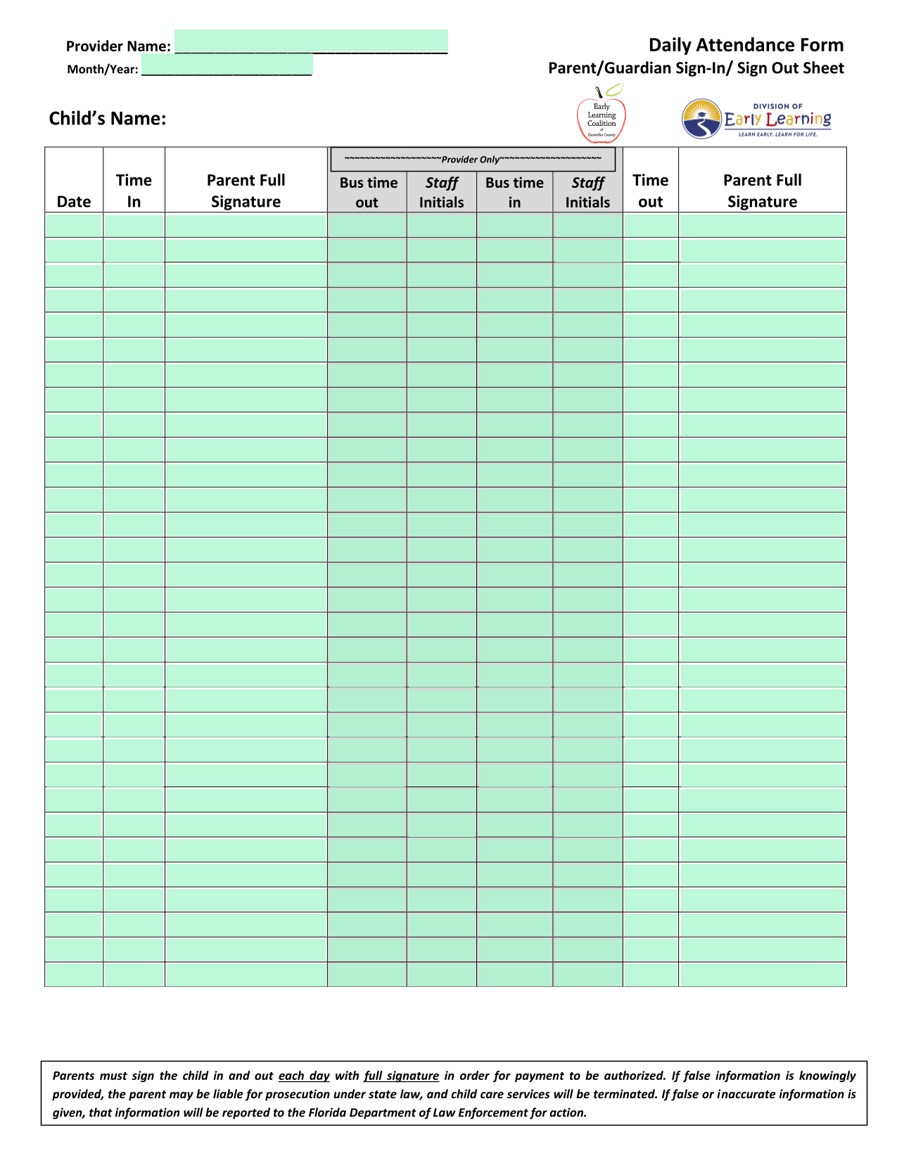 Daily Attendance Form screenshot