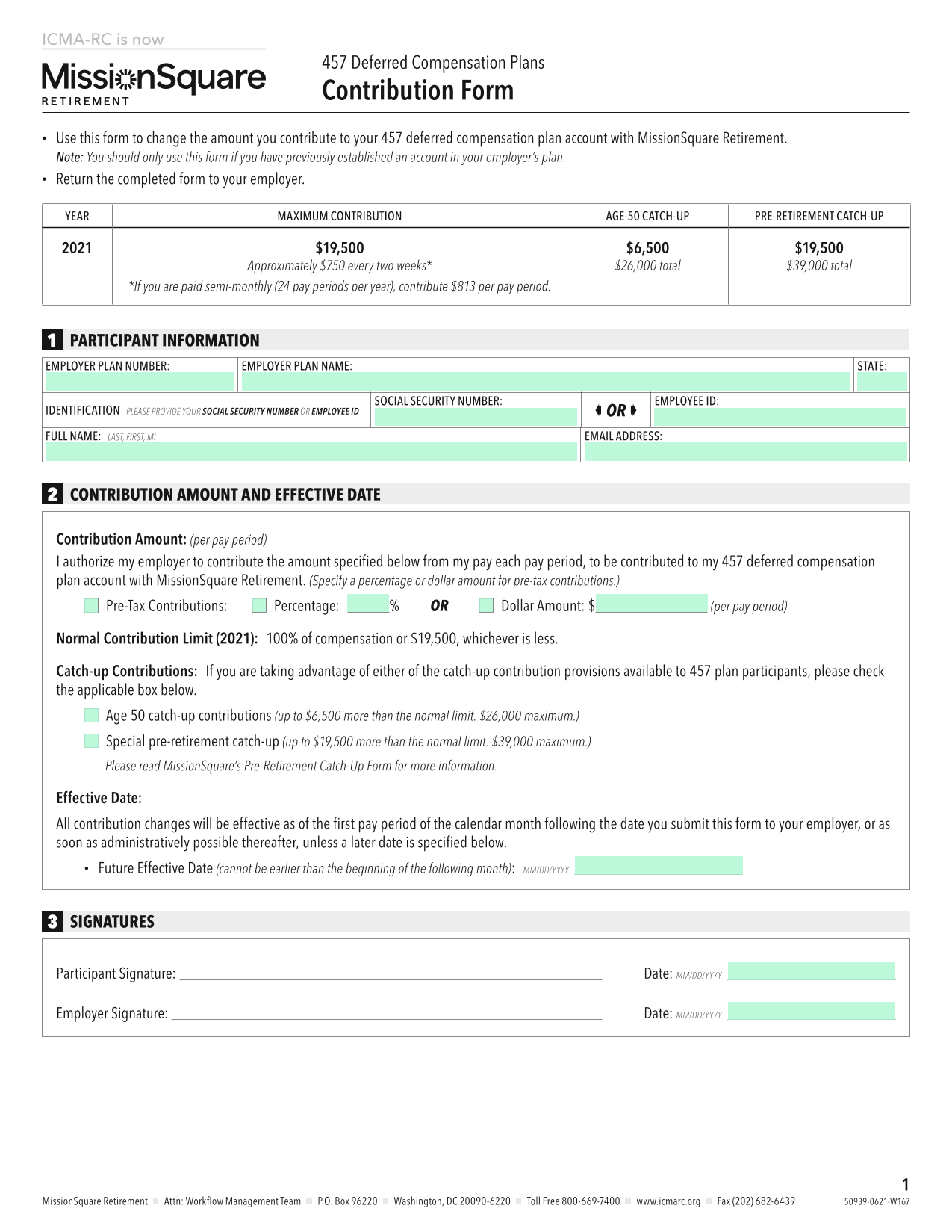 457 Deferred Compensation Plans Contribution Form screenshot