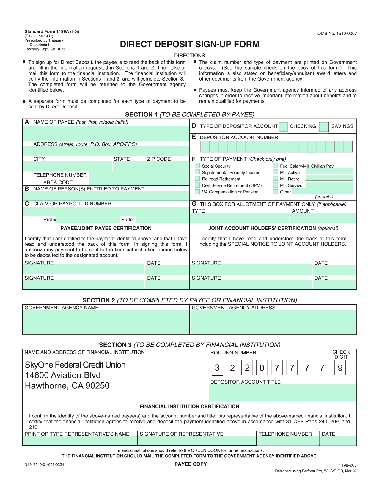 Standard Form 1199A screenshot