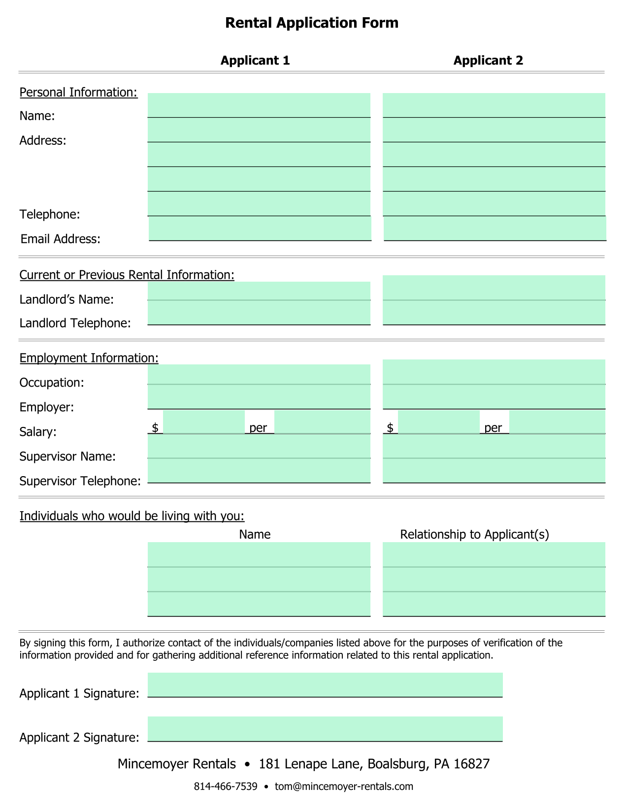 Rental Application Form screenshot