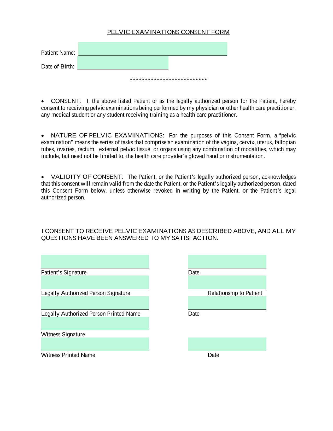 PELVIC EXAMINATIONS CONSENT FORM screenshot