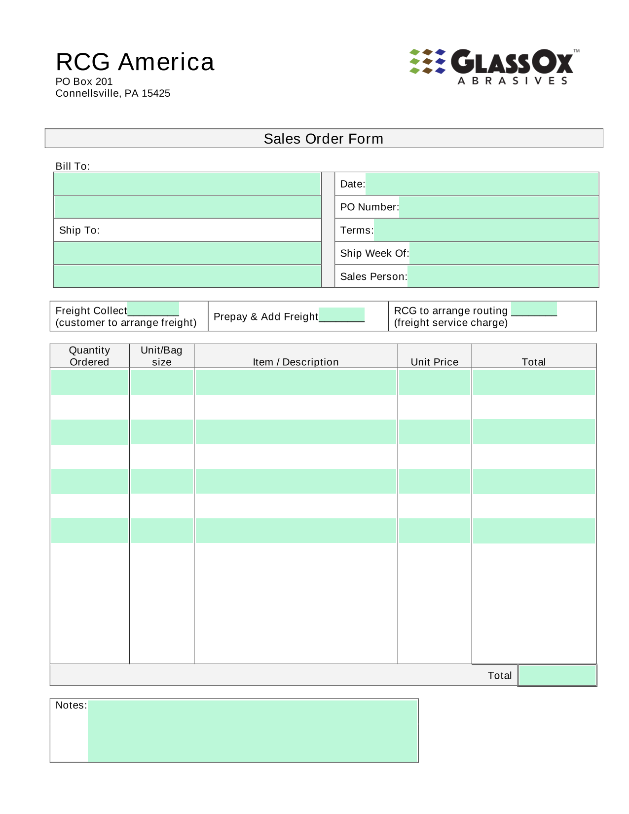 Sales Order Form screenshot