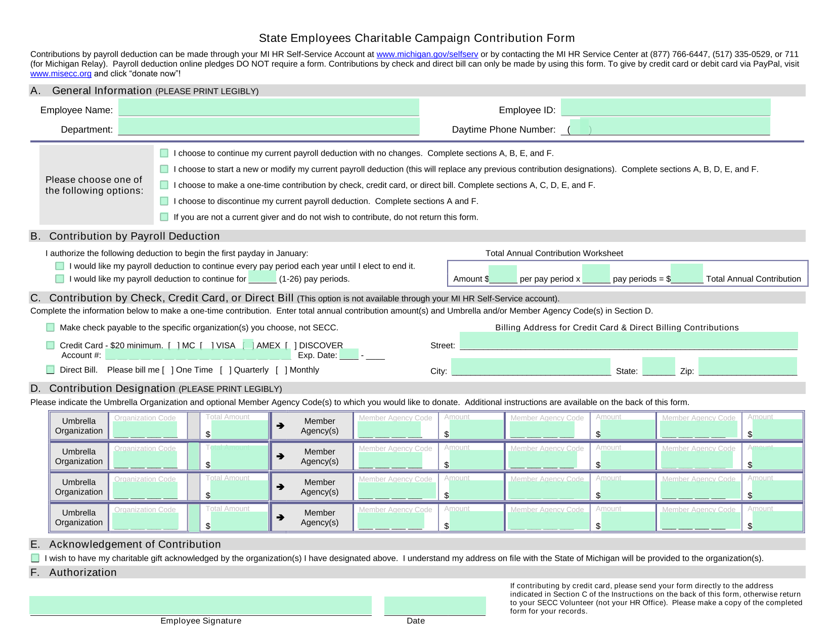 State Employees Charitable Campaign Contribution Form screenshot