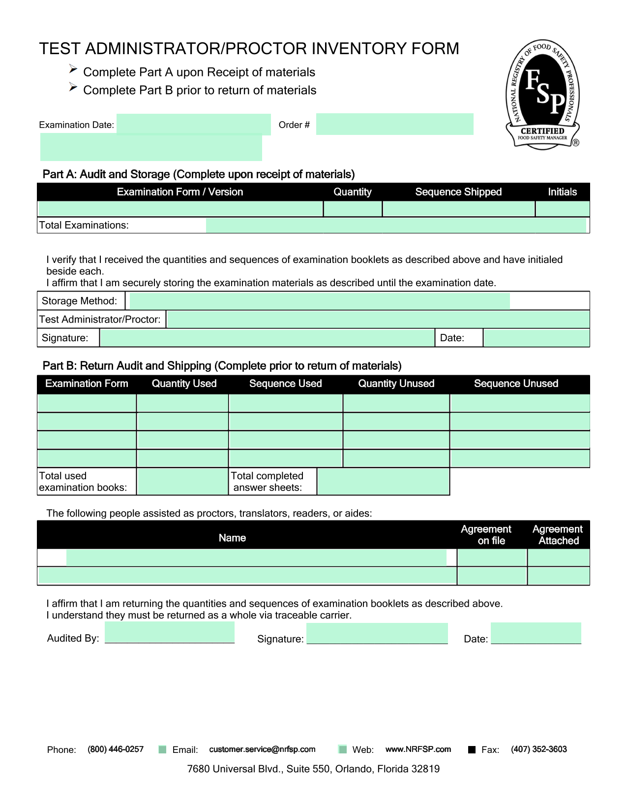 TEST ADMINISTRATORPROCTOR INVENTORY FORM screenshot