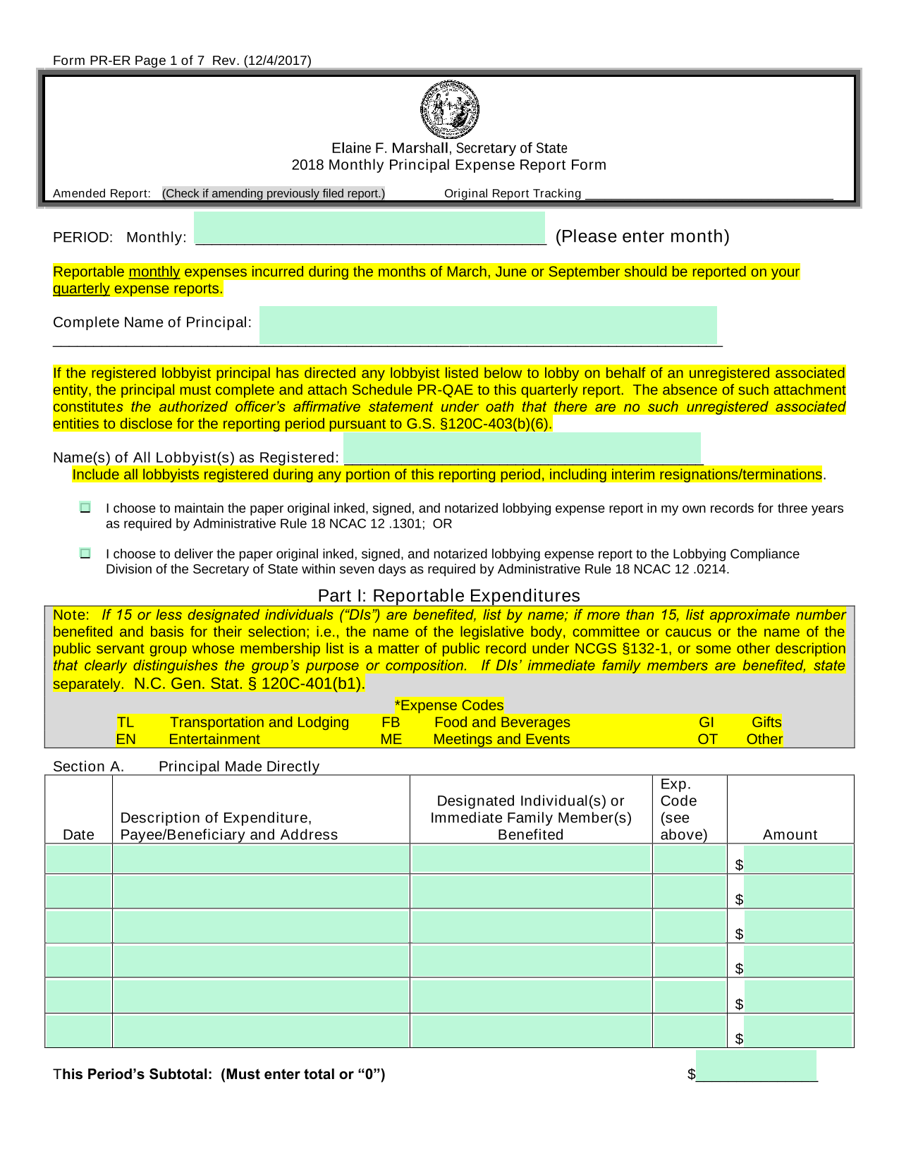 2018 Monthly Principal Expense Report Form screenshot