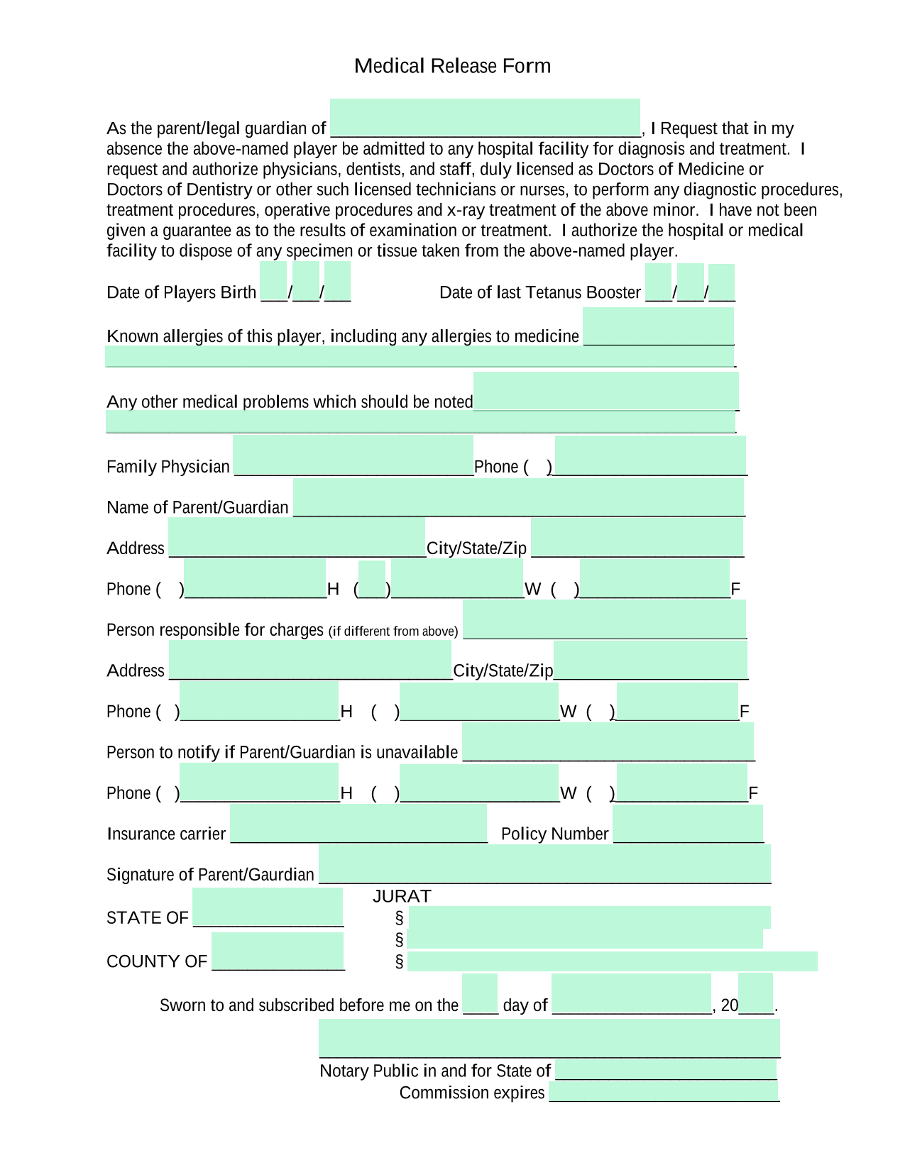 Medical Release Form screenshot