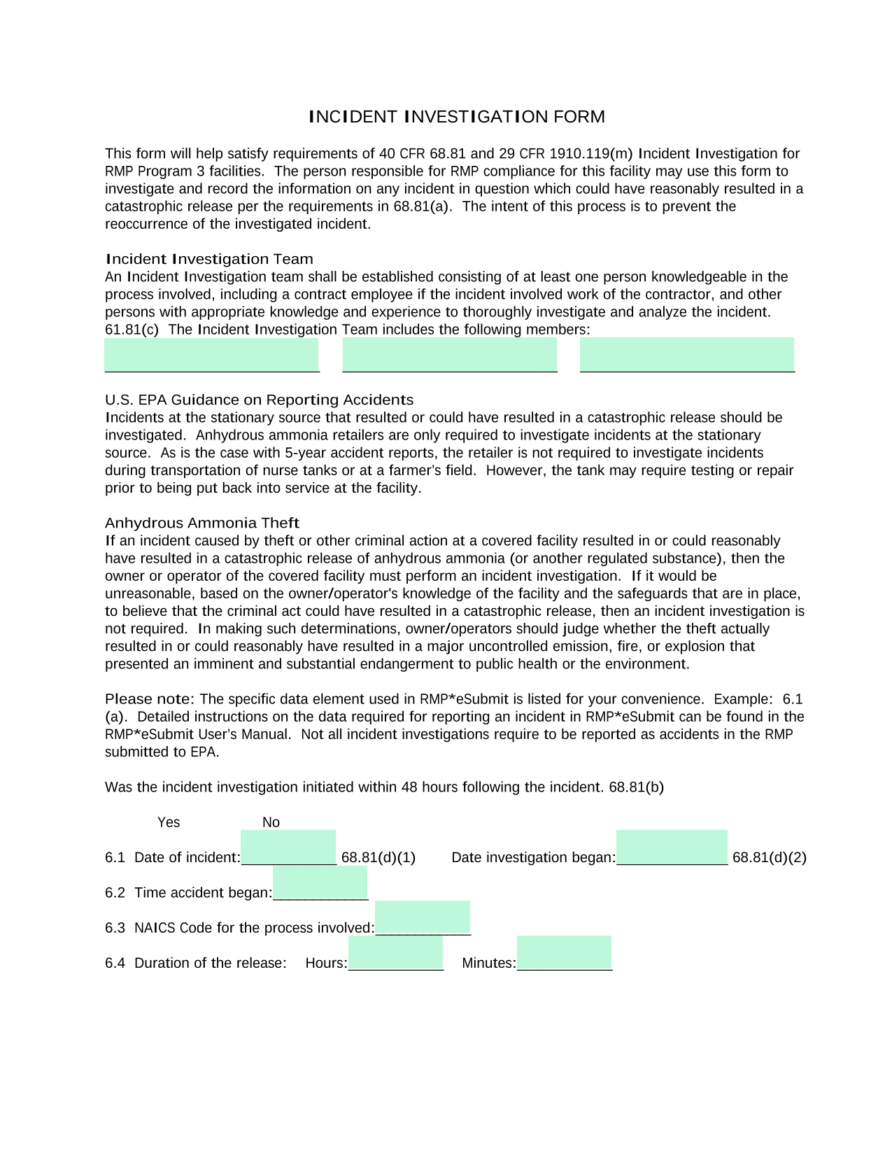 INCIDENT INVESTIGATION FORM screenshot