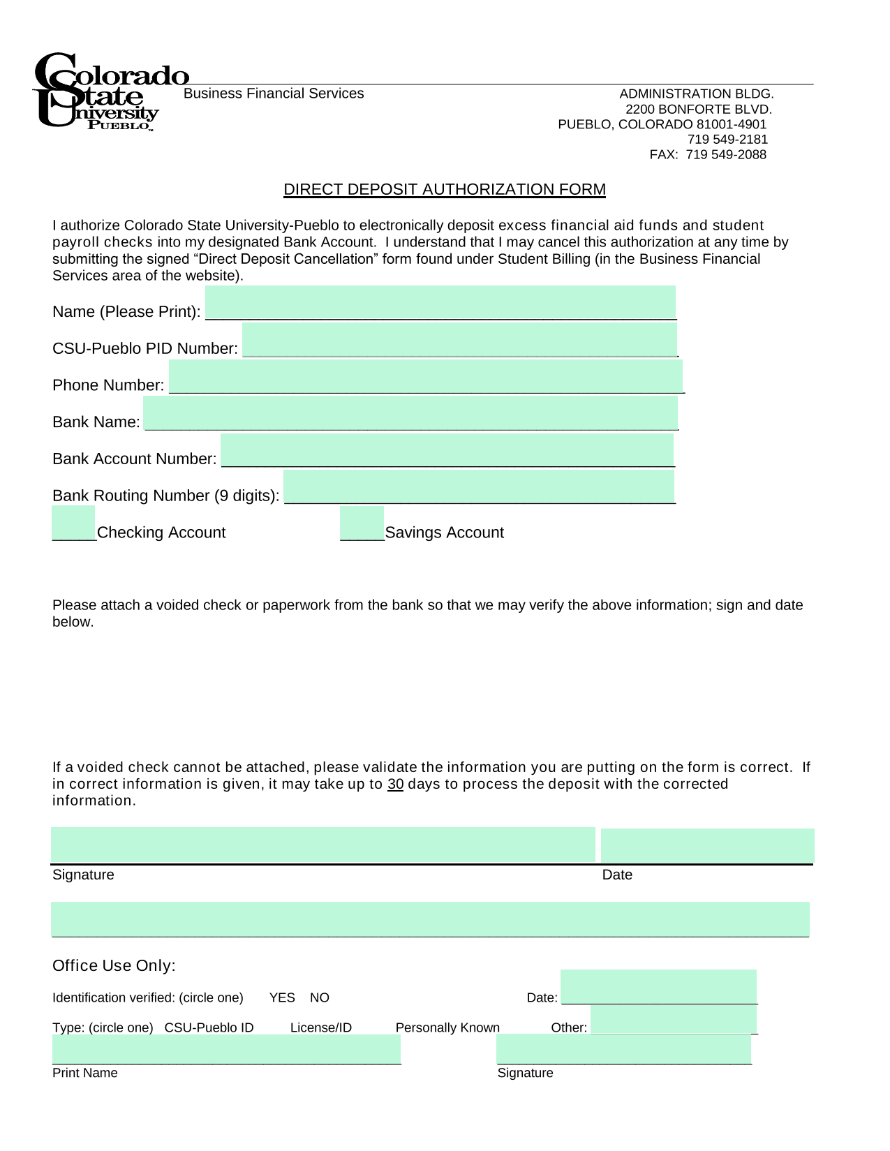 Direct Deposit Authorization Form screenshot