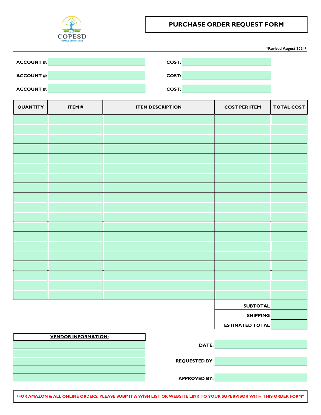 Purchase Order Request Form screenshot