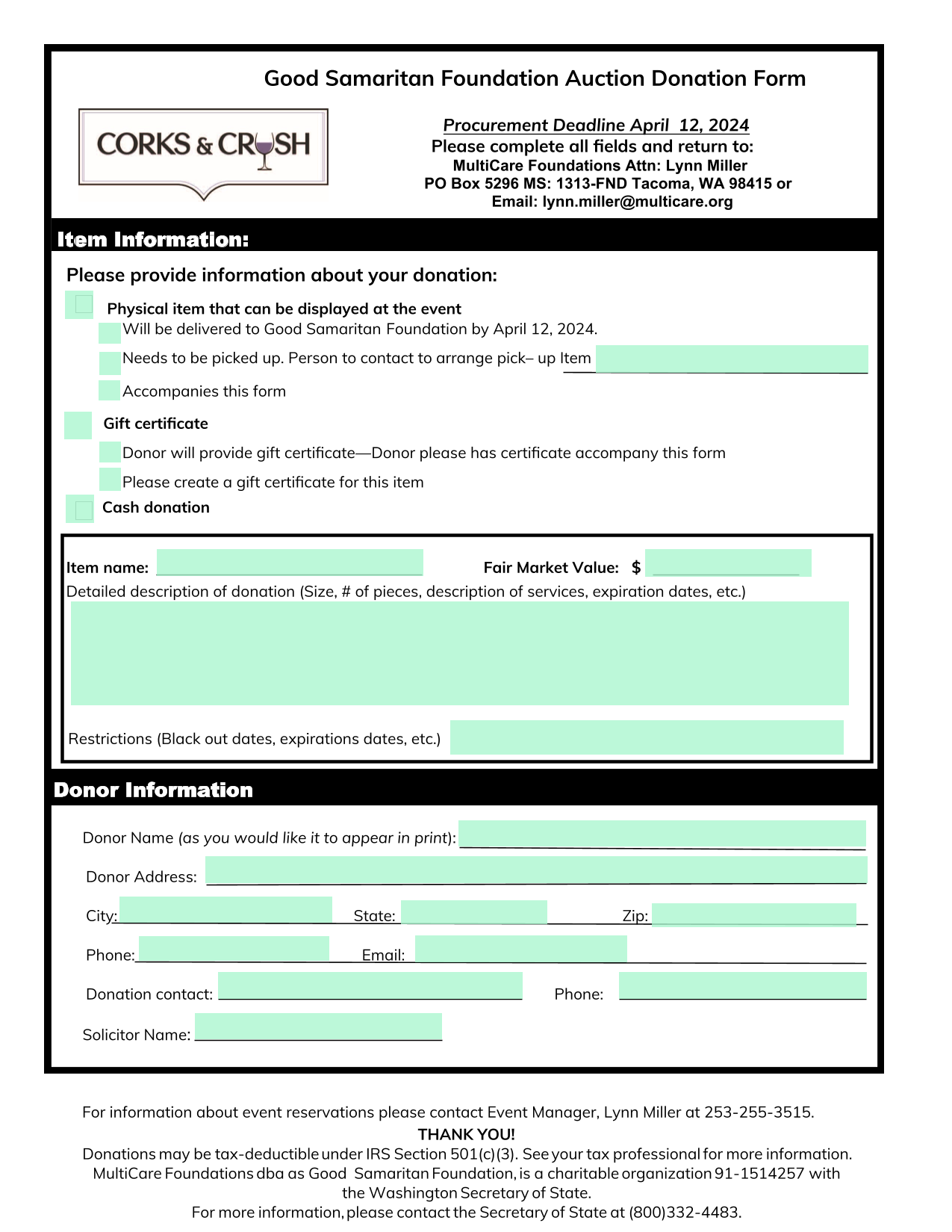 Good Samaritan Foundation Auction Donation Form screenshot