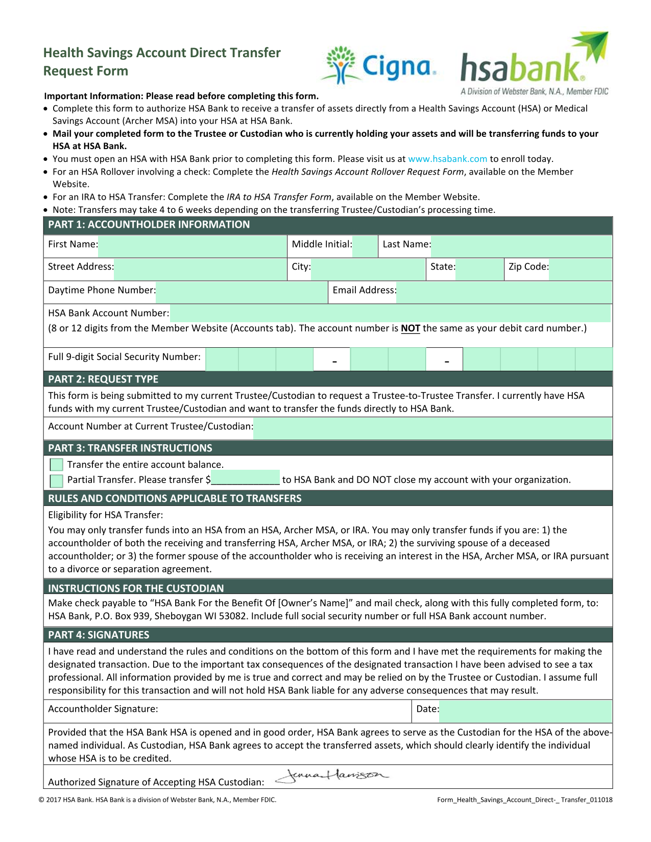 Health Savings Account Direct Transfer Request Form screenshot