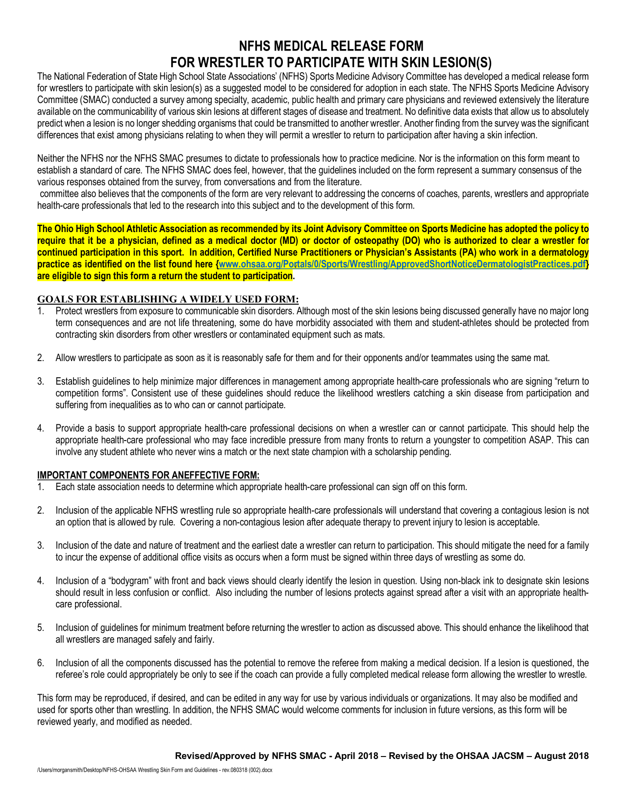 NFHS Medical Release Form For Wrestler To Participate With Skin Lesion(S) screenshot