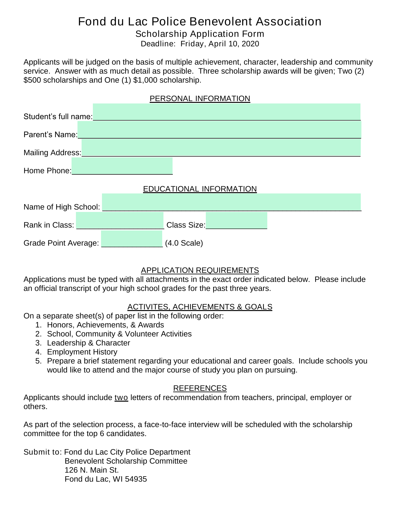 Scholarship Application Form screenshot