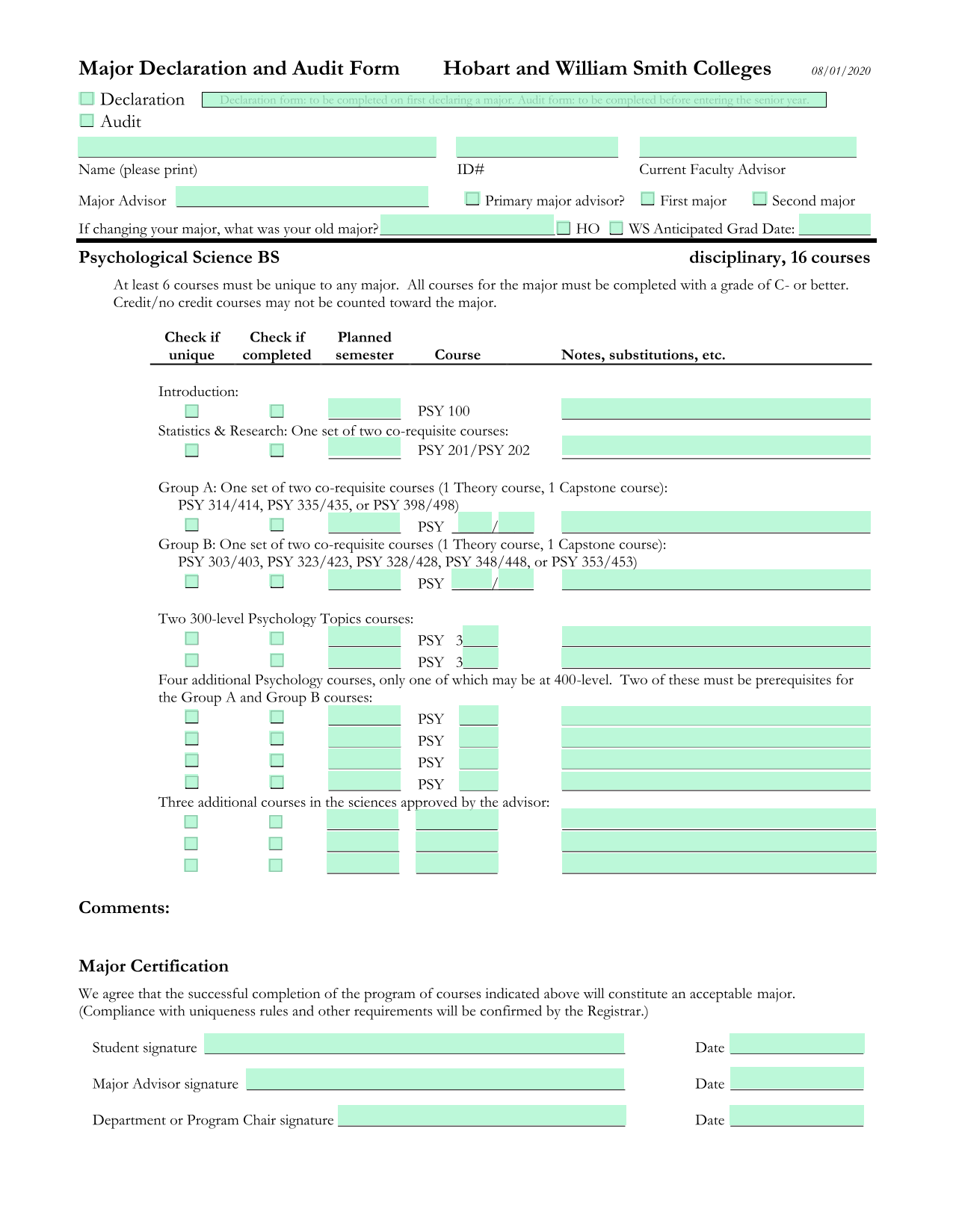 Major Declaration And Audit Form screenshot