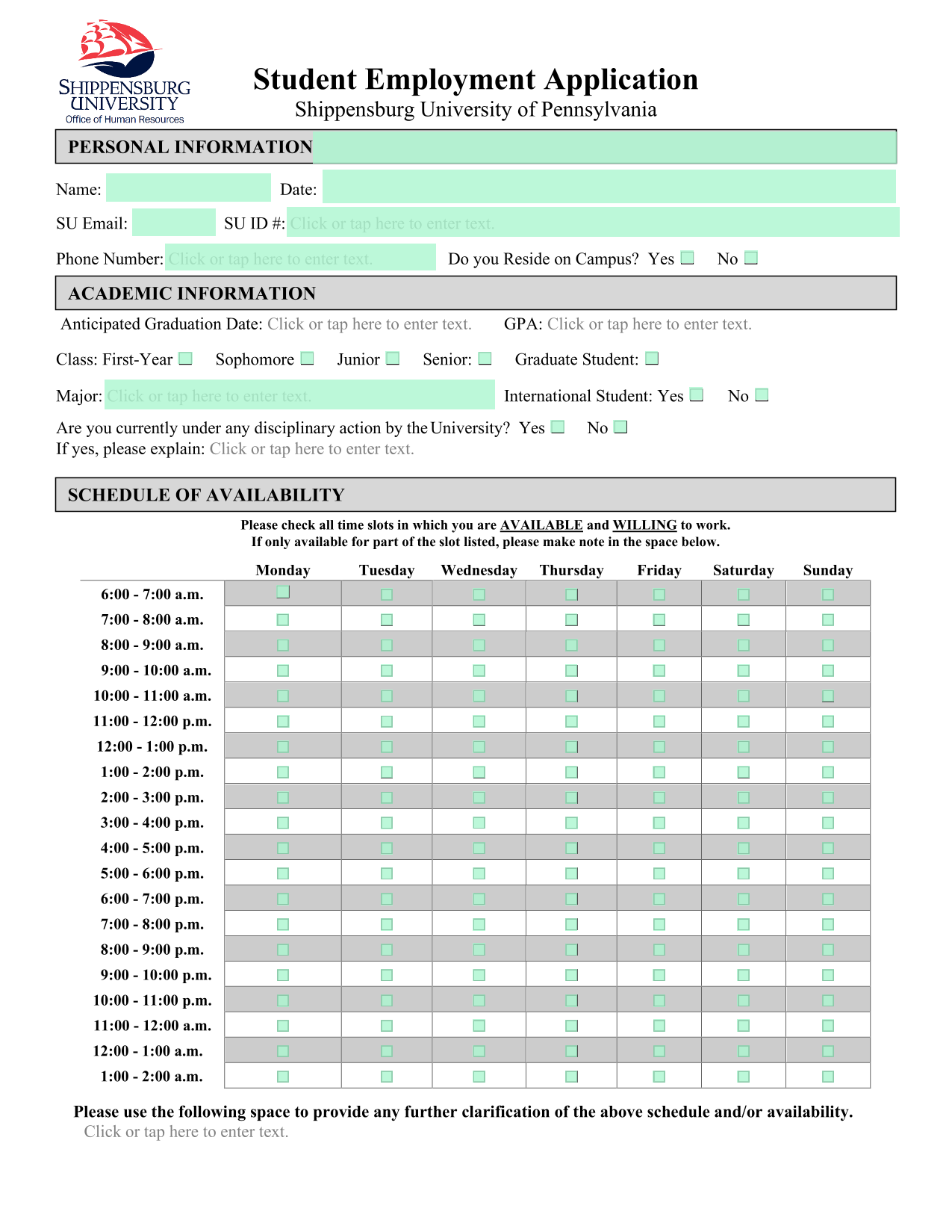 Student Employment Application screenshot