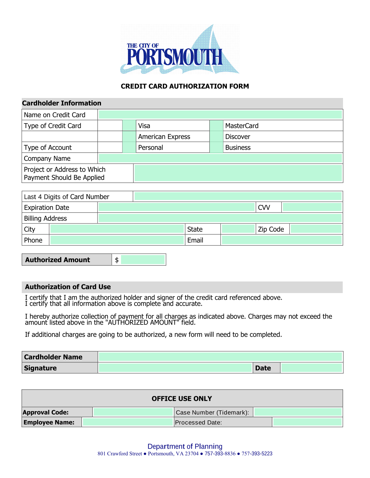 Credit Card Authorization Form screenshot