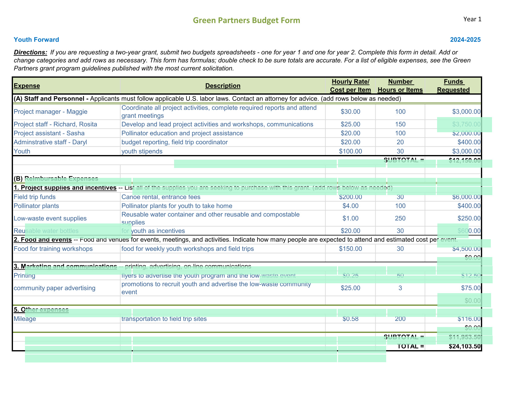Green Partners Budget Form screenshot