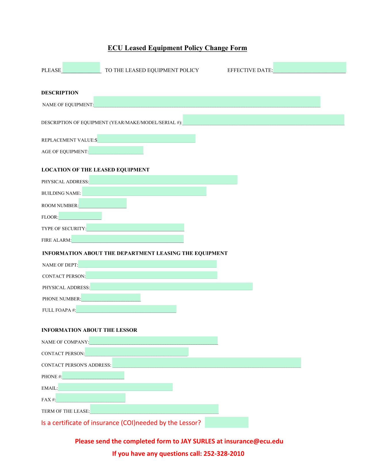 ECU Leased Equipment Policy Change Form screenshot