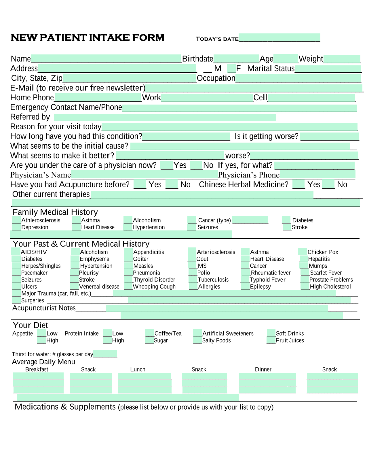 NEW PATIENT INTAKE FORM screenshot