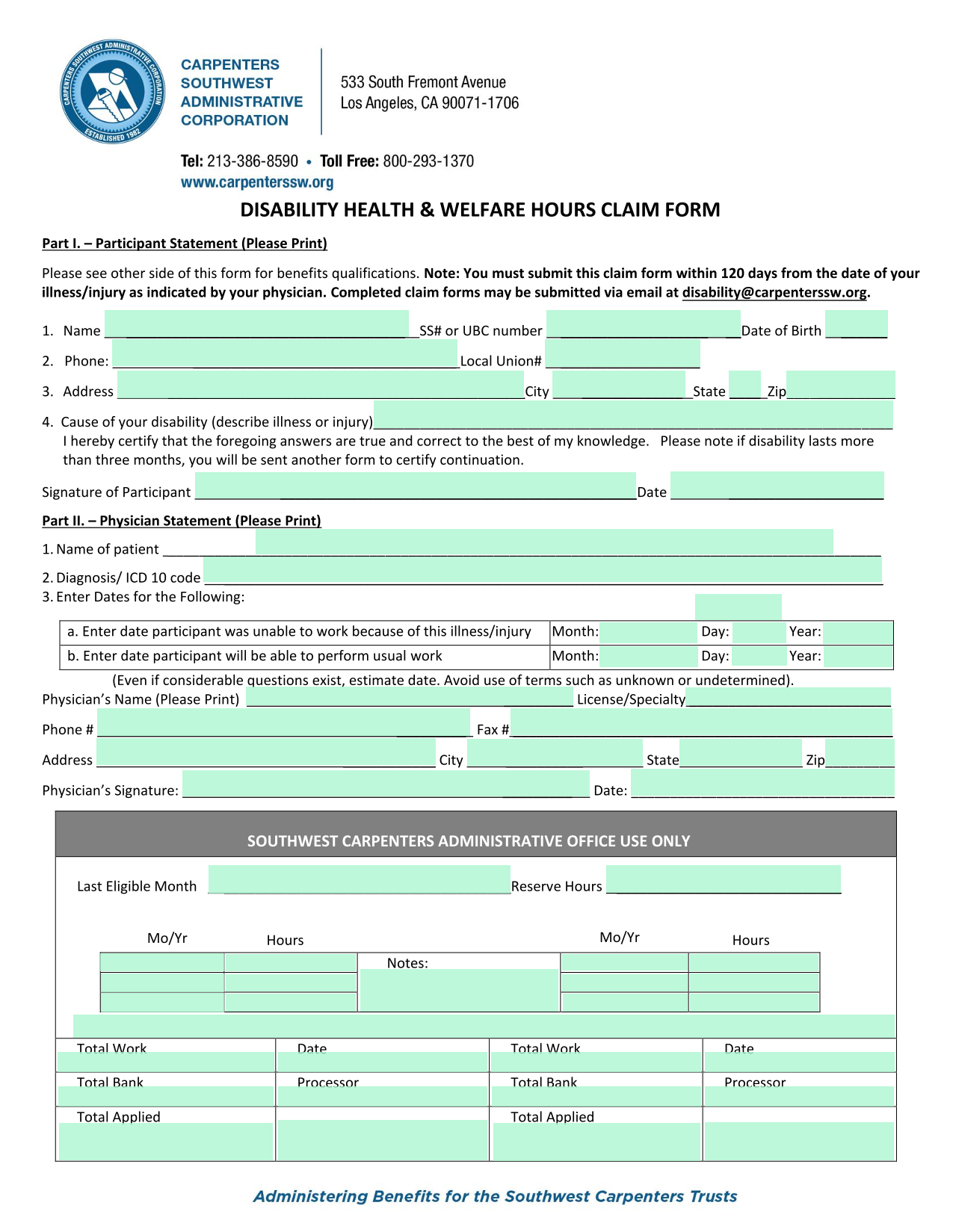 Disability Health  Welfare Hours Claim Form screenshot