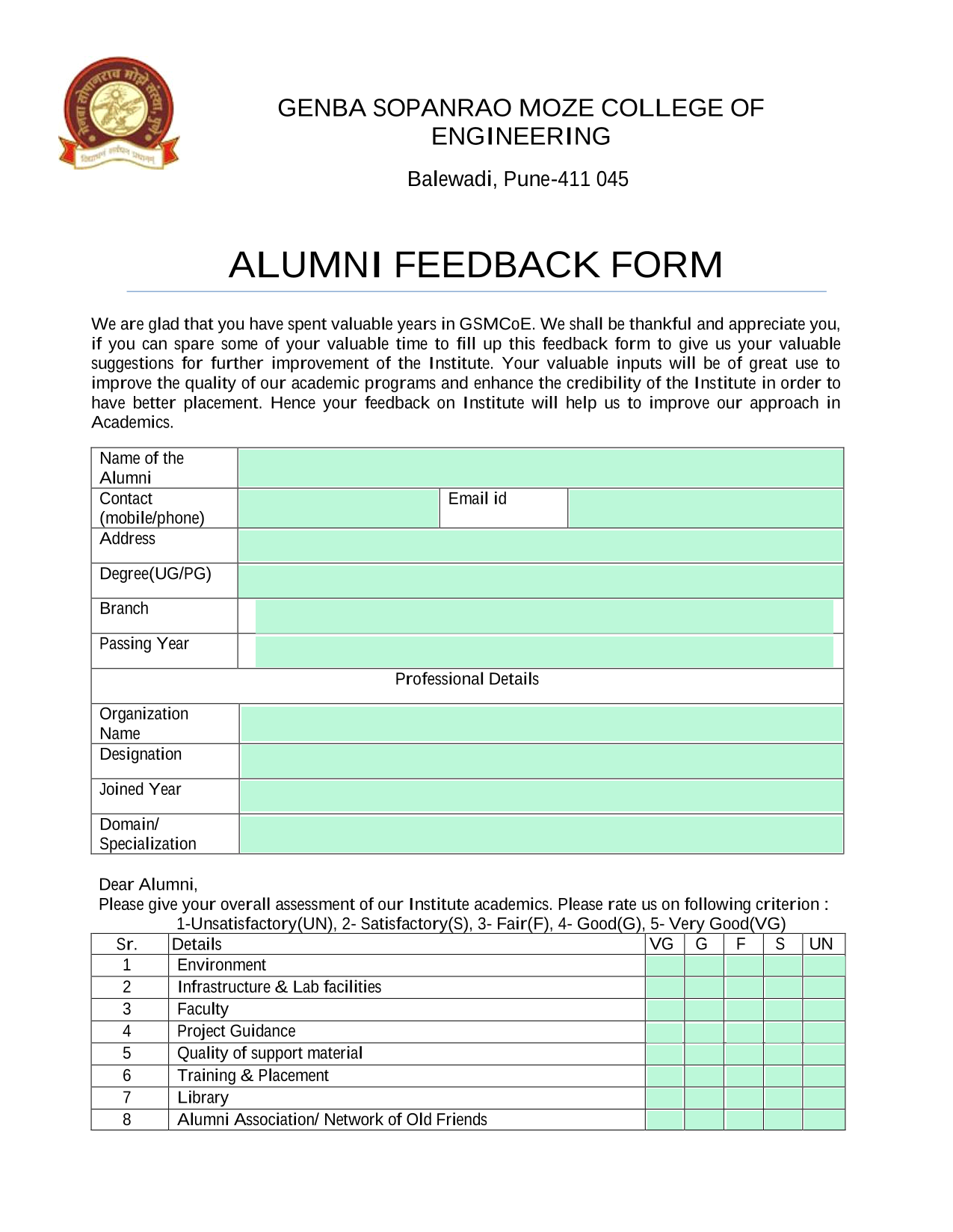 Alumni Feedback Form screenshot