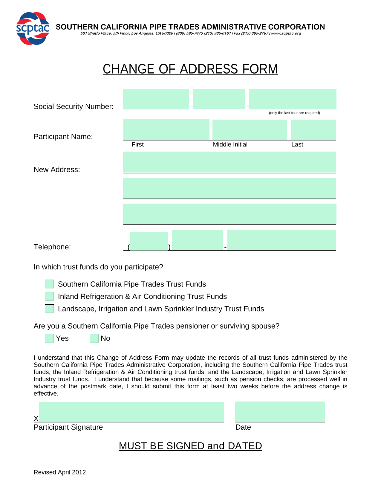 CHANGE OF ADDRESS FORM screenshot