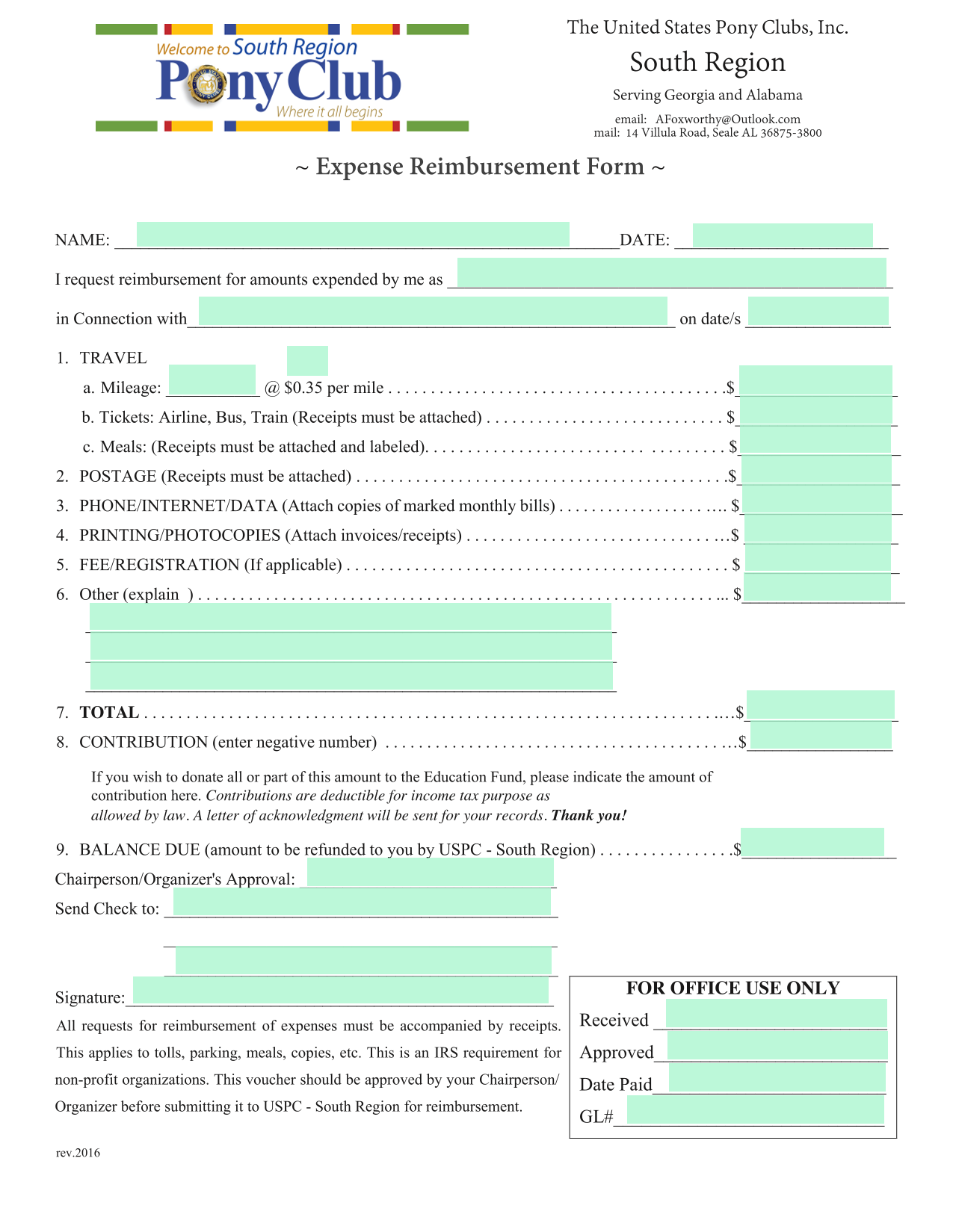 Expense Reimbursement Form screenshot