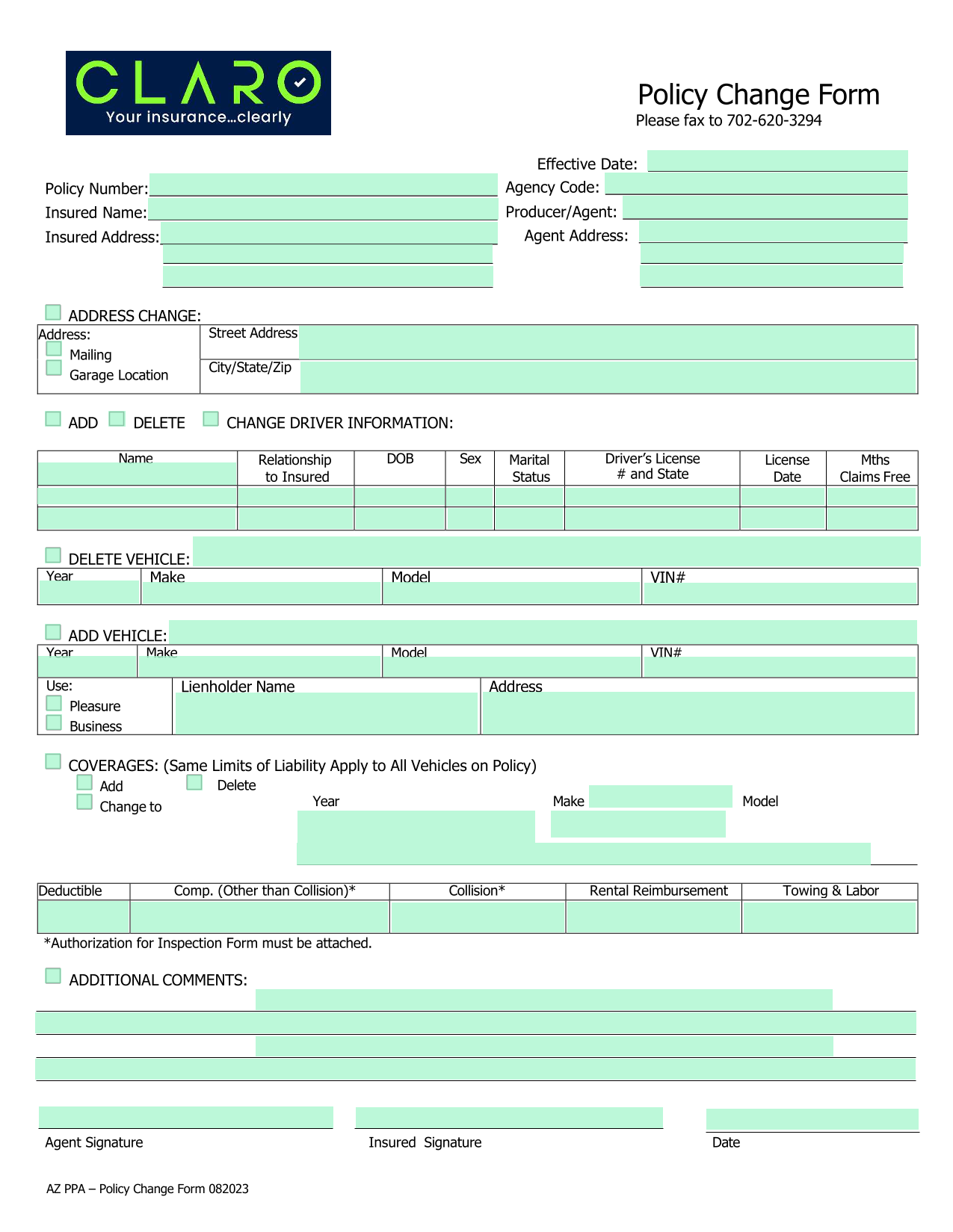 Policy Change Form screenshot