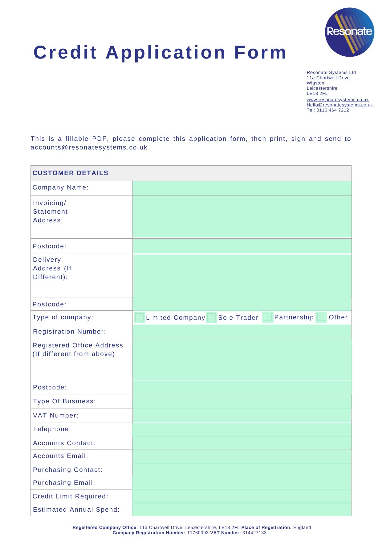Credit Application Form screenshot