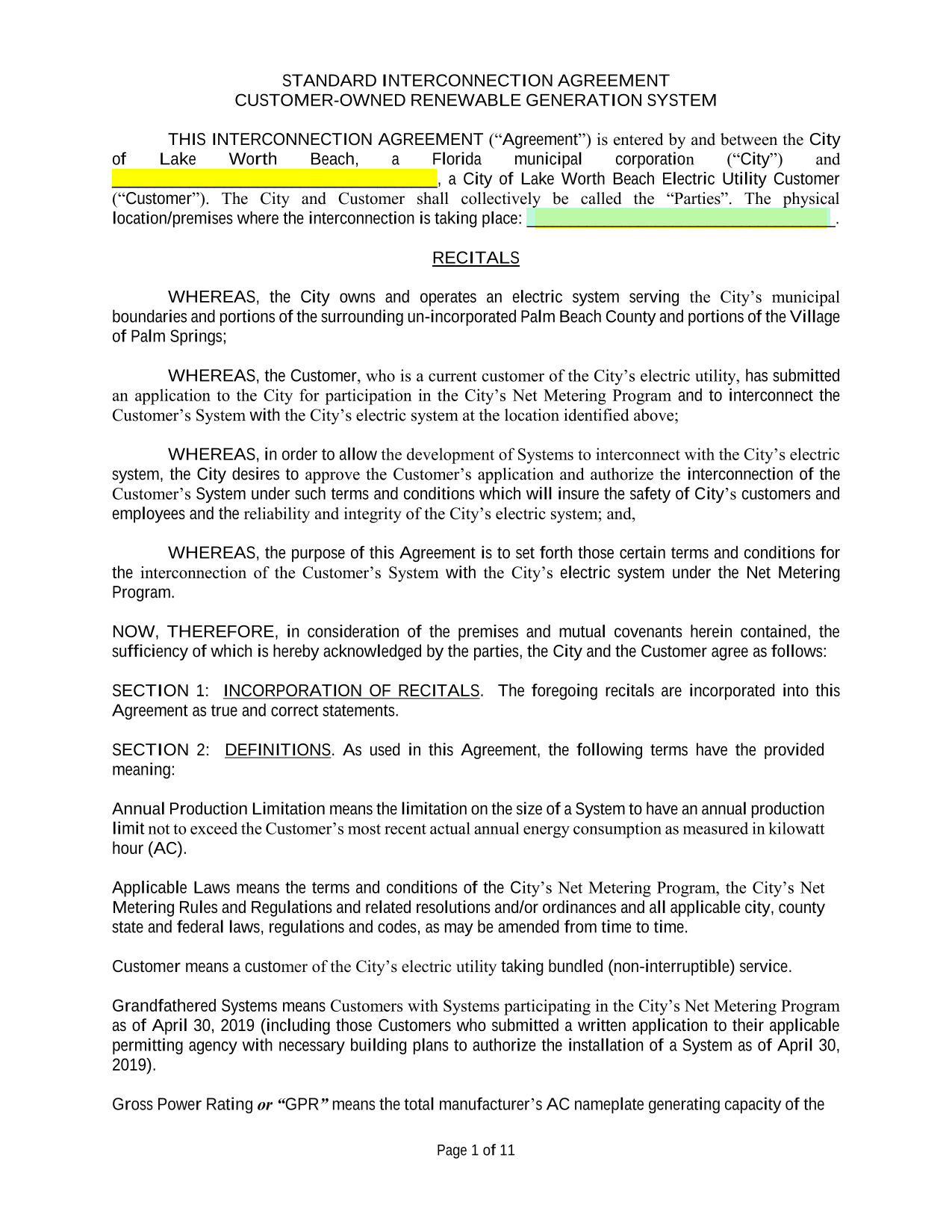STANDARD INTERCONNECTION AGREEMENT CUSTOMER OWNED RENEWABLE GENERATION SYSTEM screenshot
